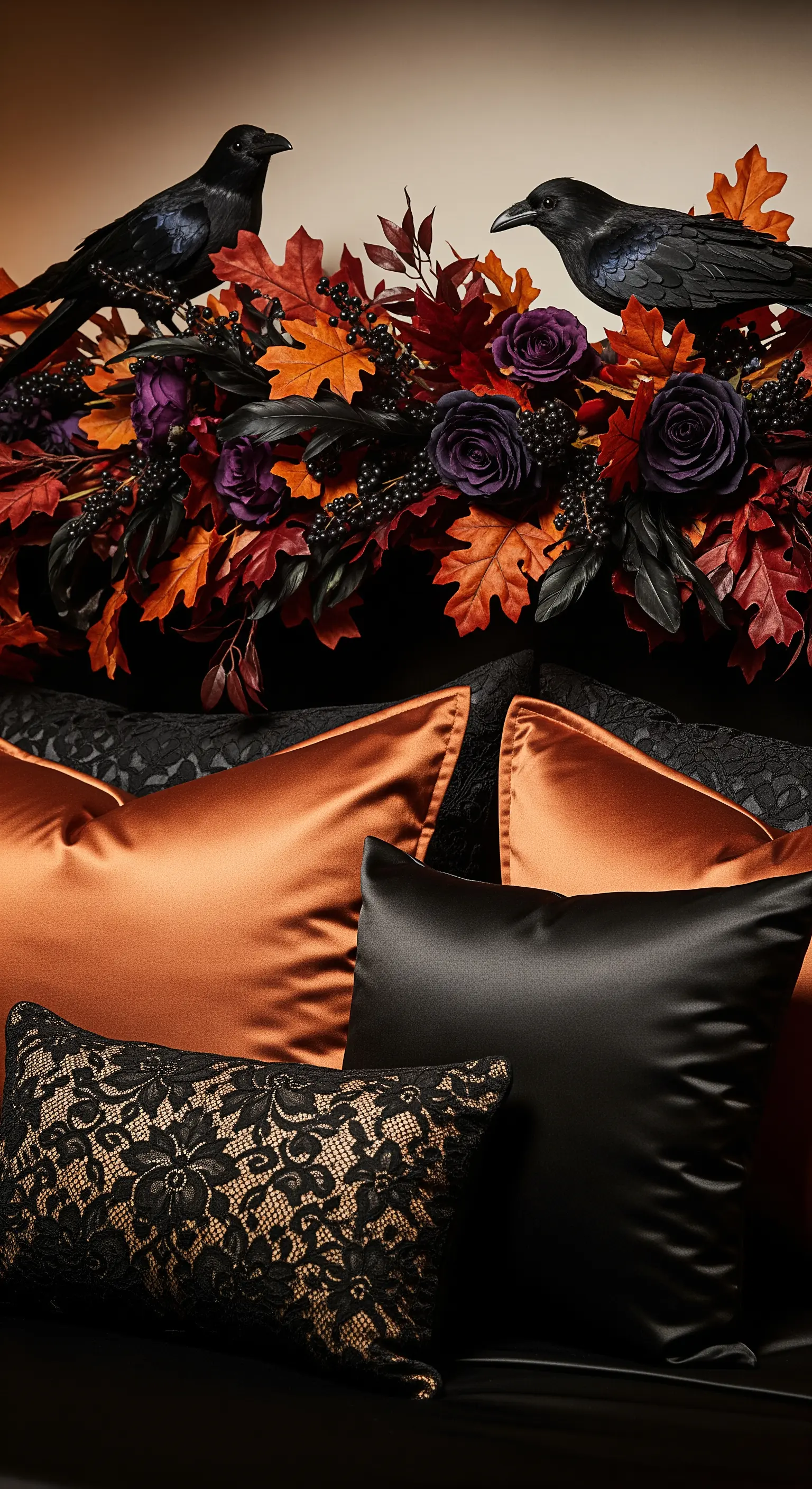 Kopfteil-Deko mit dunklen Blumen, Herbstlaub, schwarzen Raben und Satinkissen