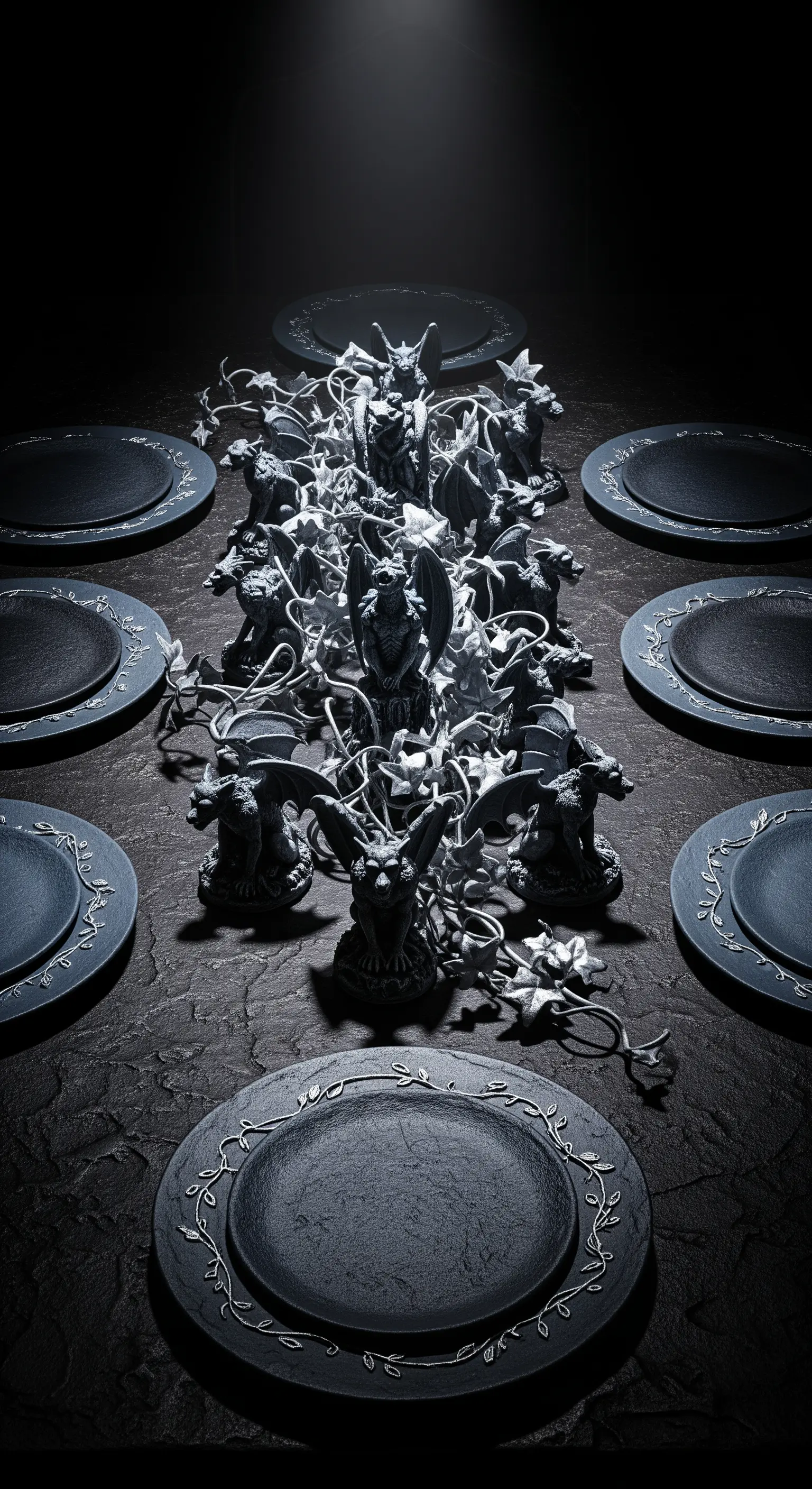 Dramatische Gothic Halloween Tischdeko mit Gargoyle-Skulpturen und dunklen Tellern