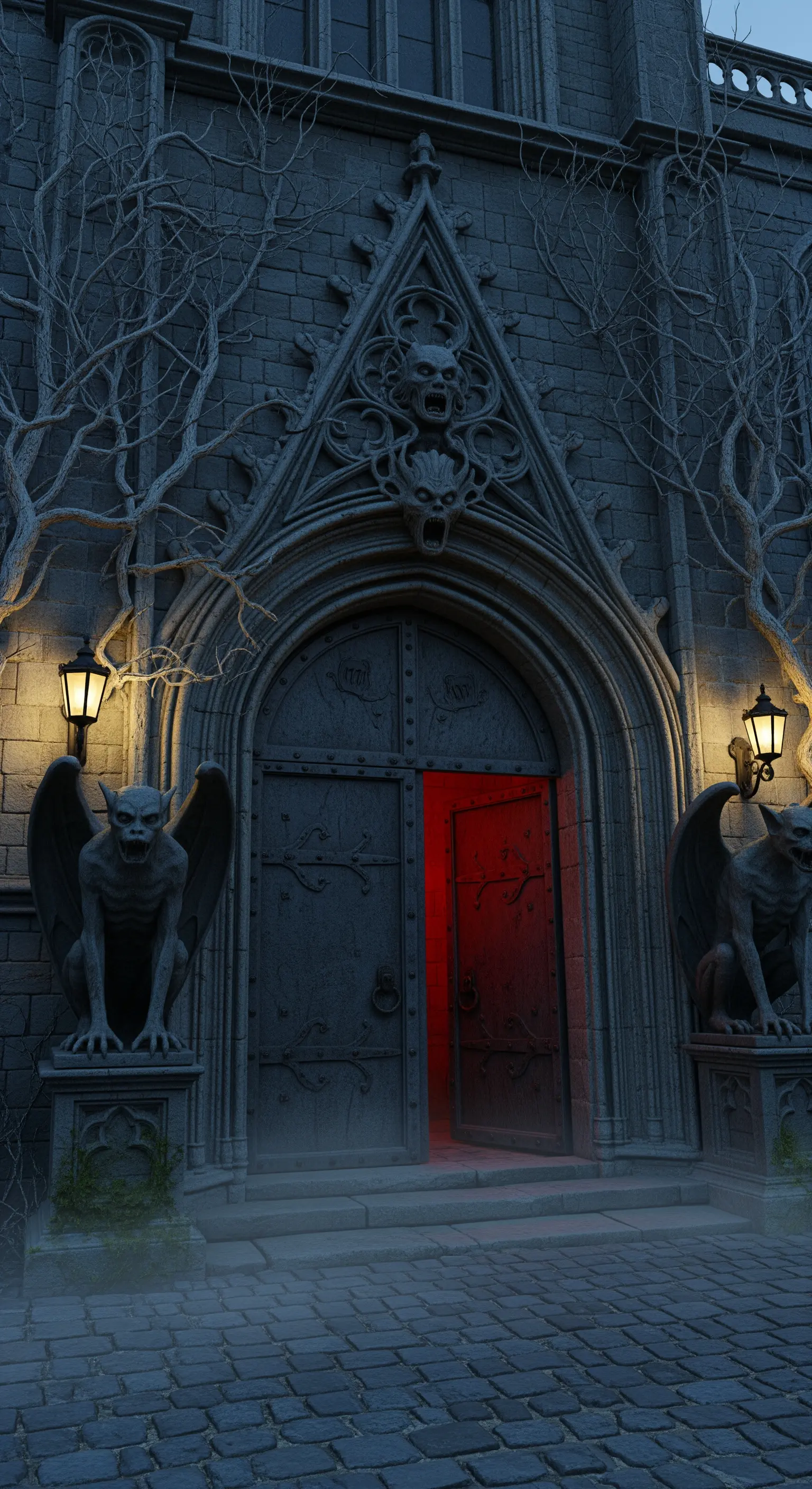 Gothic-Eingang mit Gargoyles und roten Lichtakzenten hinter einer leicht geöffneten Tür.