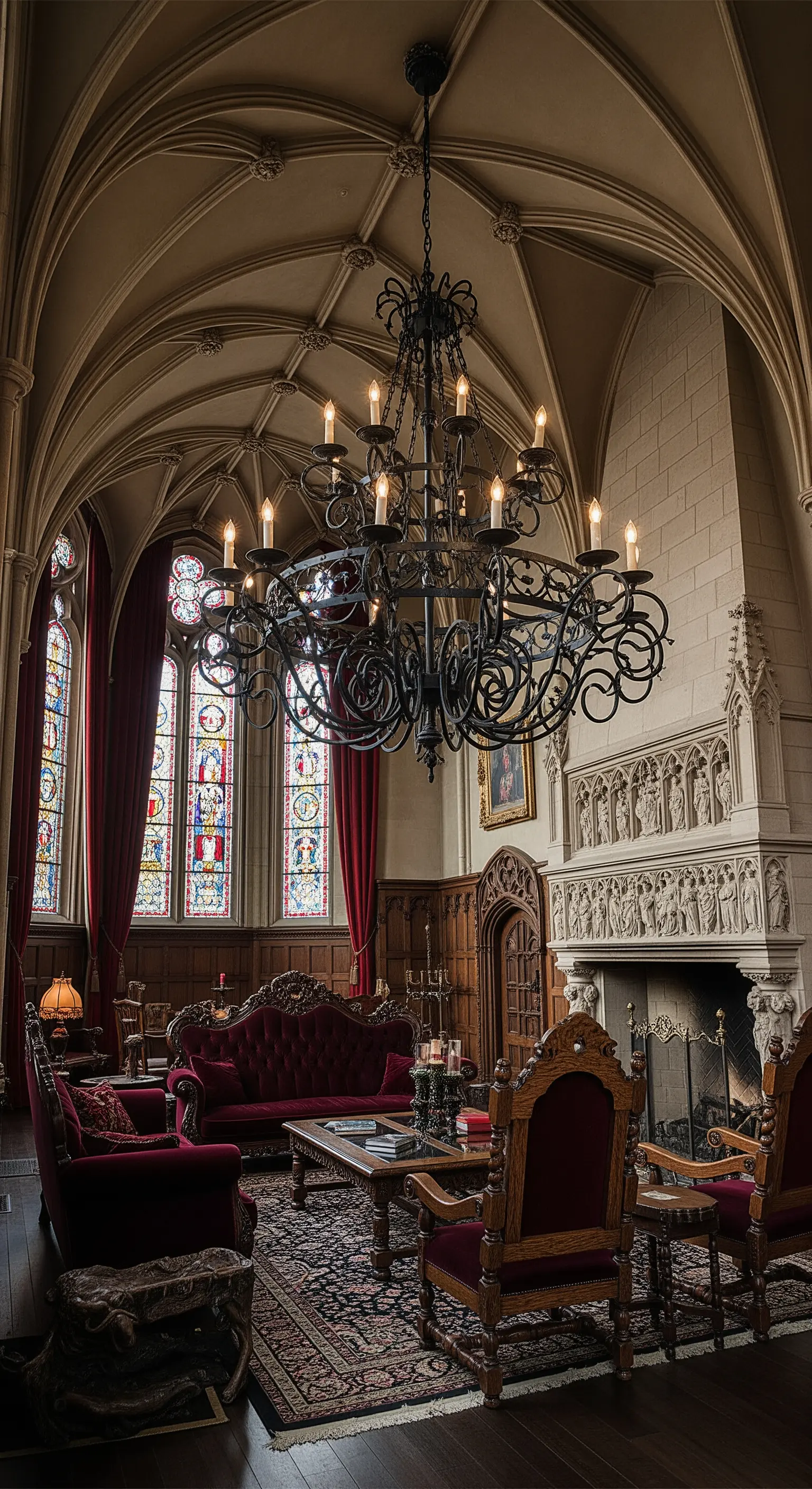 Imposanter, schwarzer Schmiedeeisen-Kronleuchter in einem gotischen Saal mit Steingewölbe.