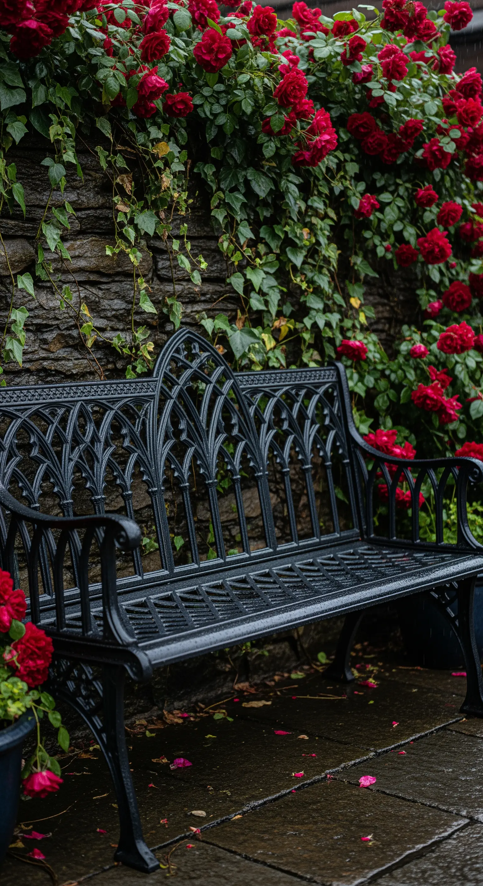 Schwarze Gusseisenbank im gotischen Stil vor einer nassen Steinmauer mit roten Kletterrosen.