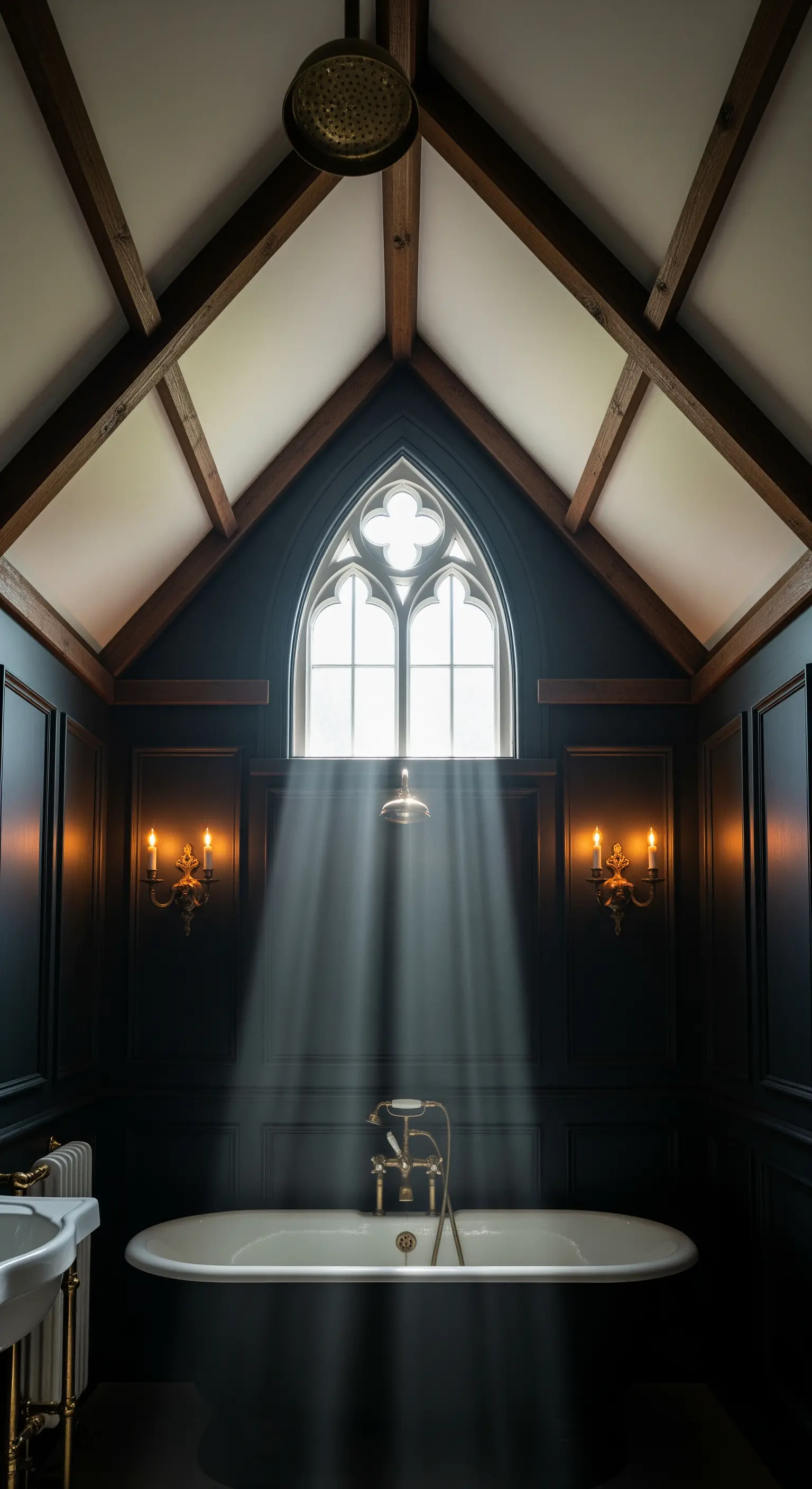 Dunkles, dramatisches Badezimmer mit Holzpaneelen und einem gotischen Fenster, durch das Licht fällt.