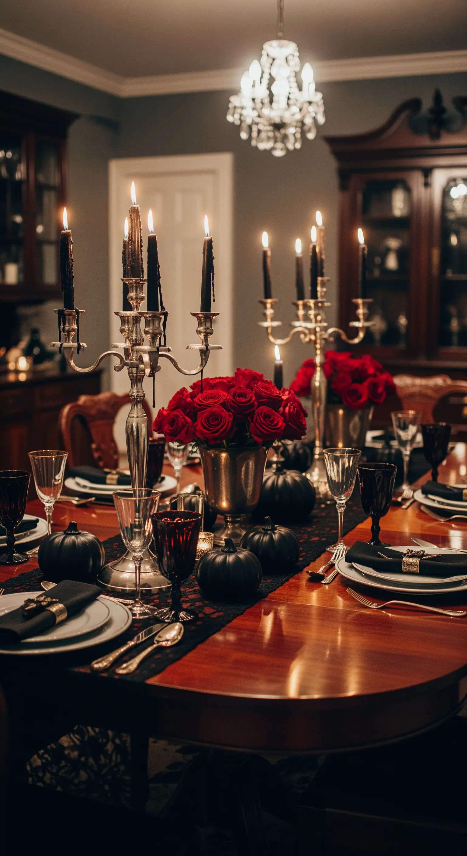 Elegante Halloween Tischdekoration in Rot und Schwarz mit Kerzenleuchtern und Rosen