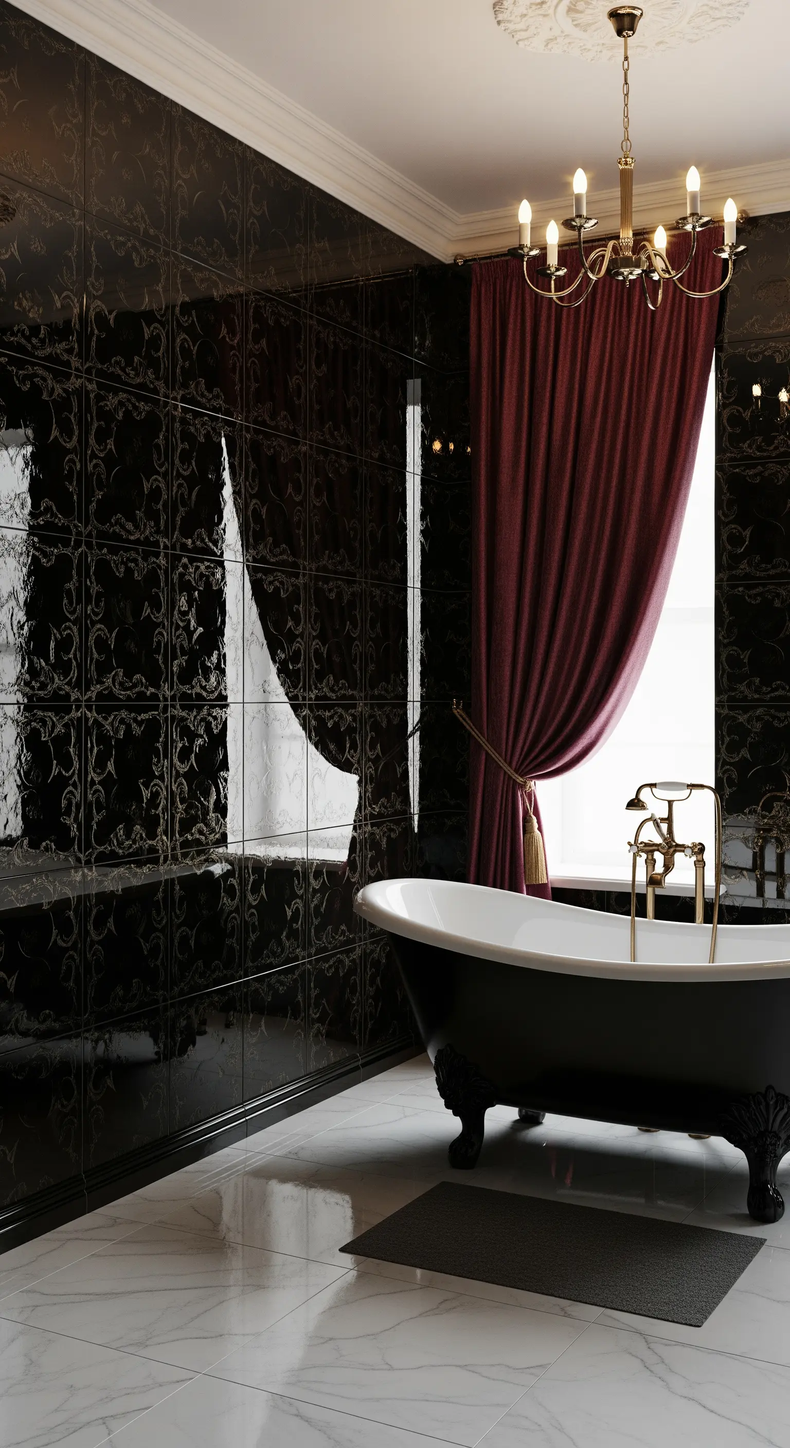 Dramatisches Badezimmer mit geprägten, hochglänzenden schwarzen Fliesen.