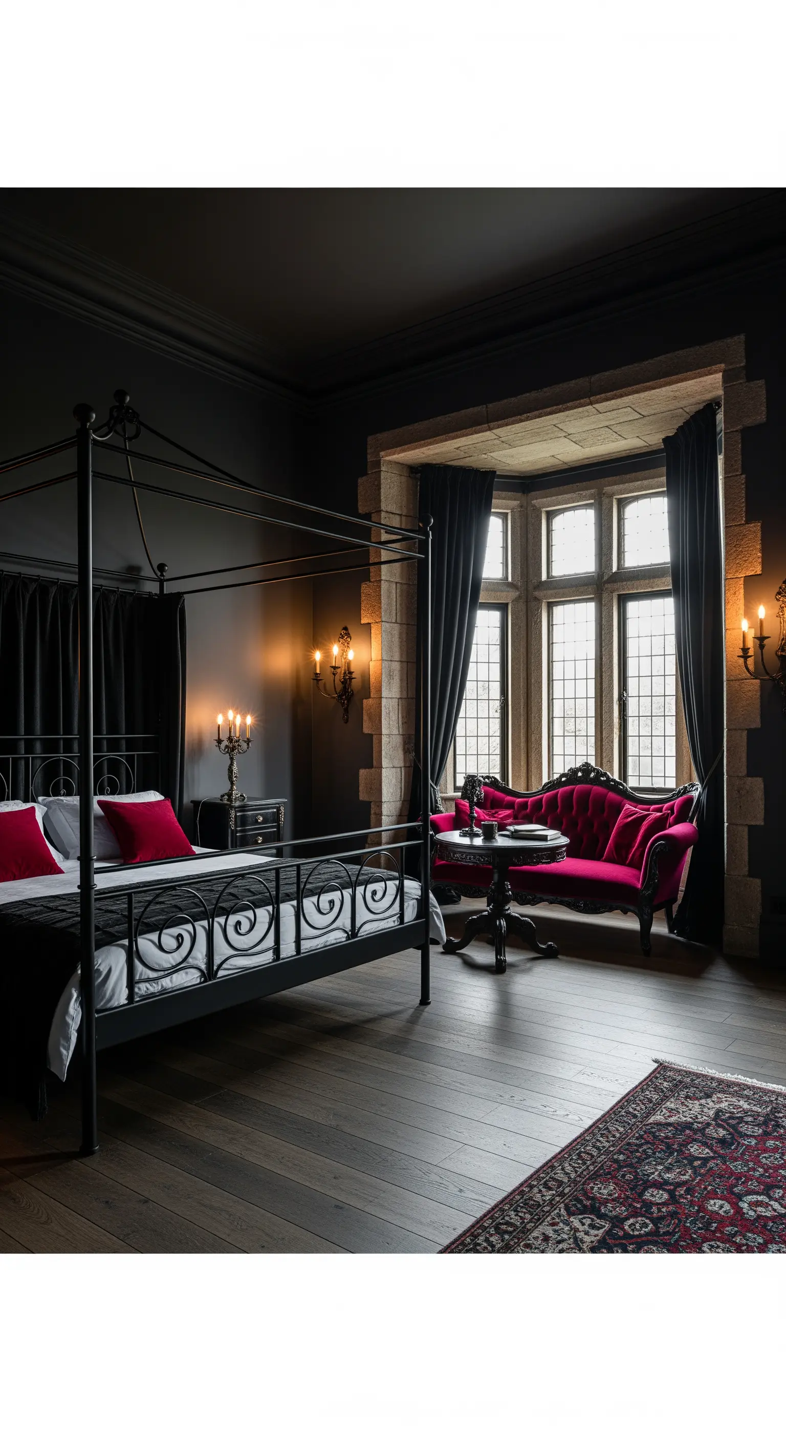 Dunkles, gotisches Schlafzimmer mit einem roten Samtsofa in einer steinernen Fensternische.
