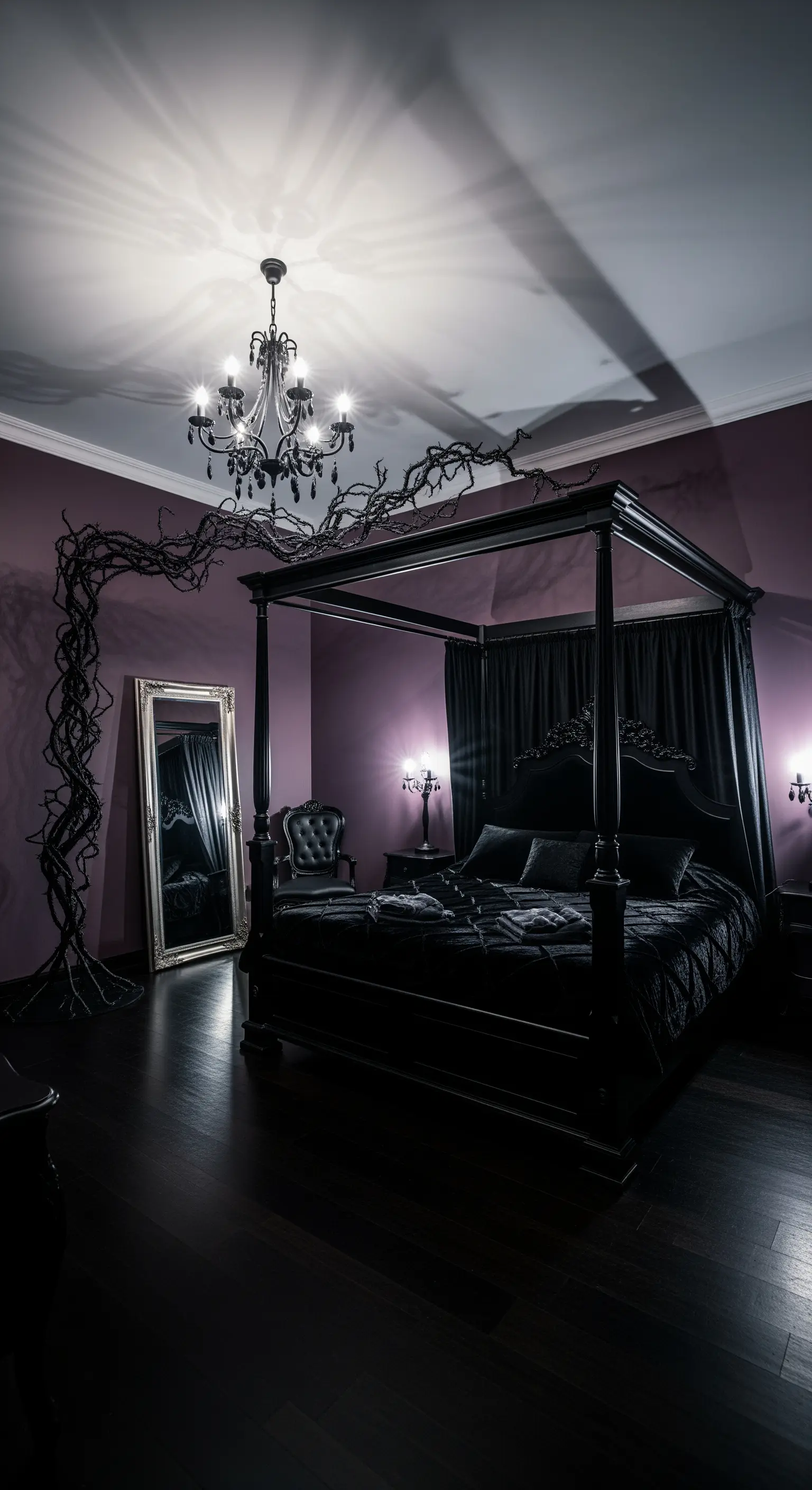 Schwarze, astähnliche Skulptur rankt sich um ein Himmelbett in einem gotisch inspirierten Schlafzimmer.