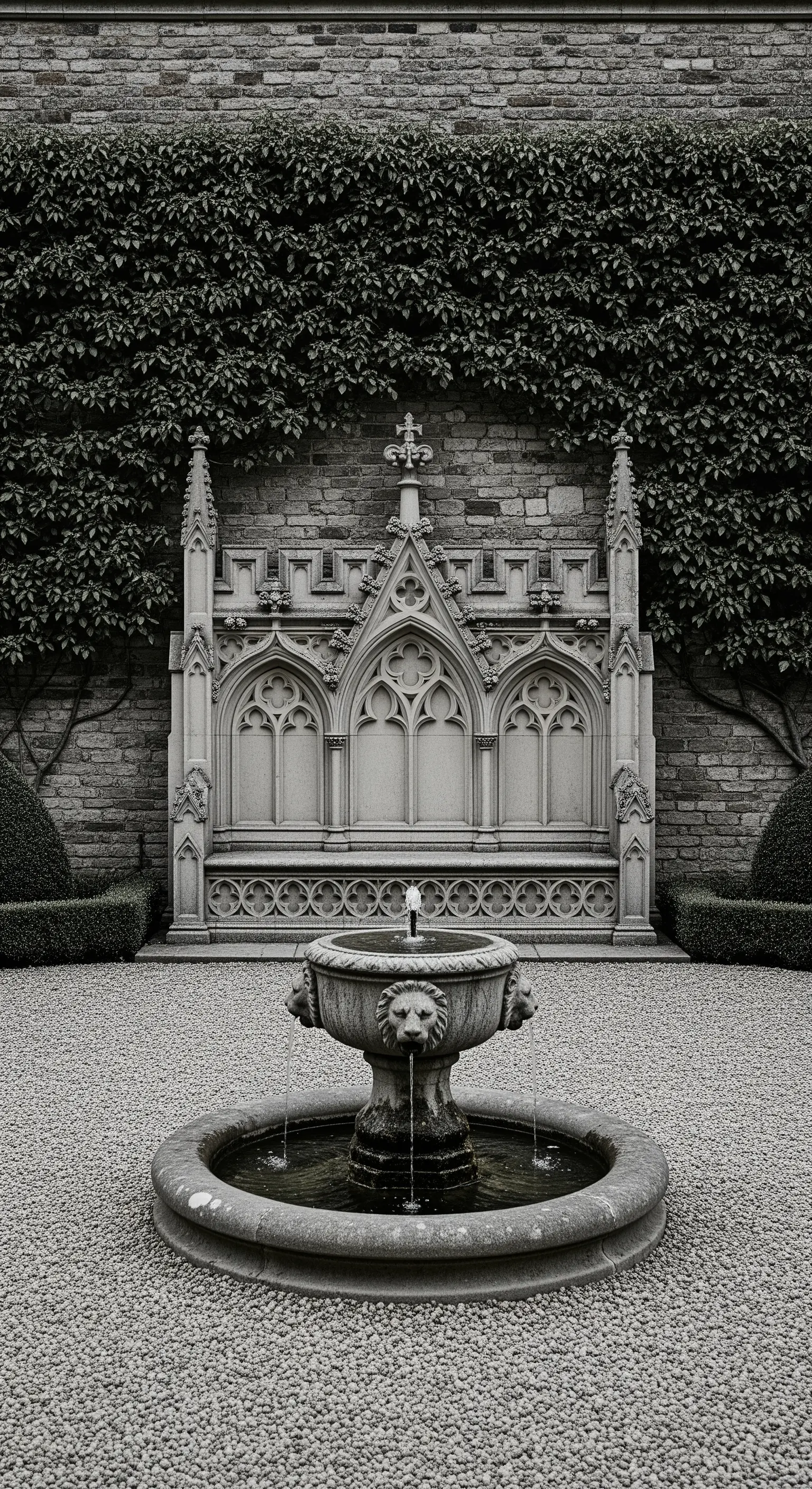 Gotische Steinbank und Löwenbrunnen in einem Kieshof vor einer Efeu-Wand