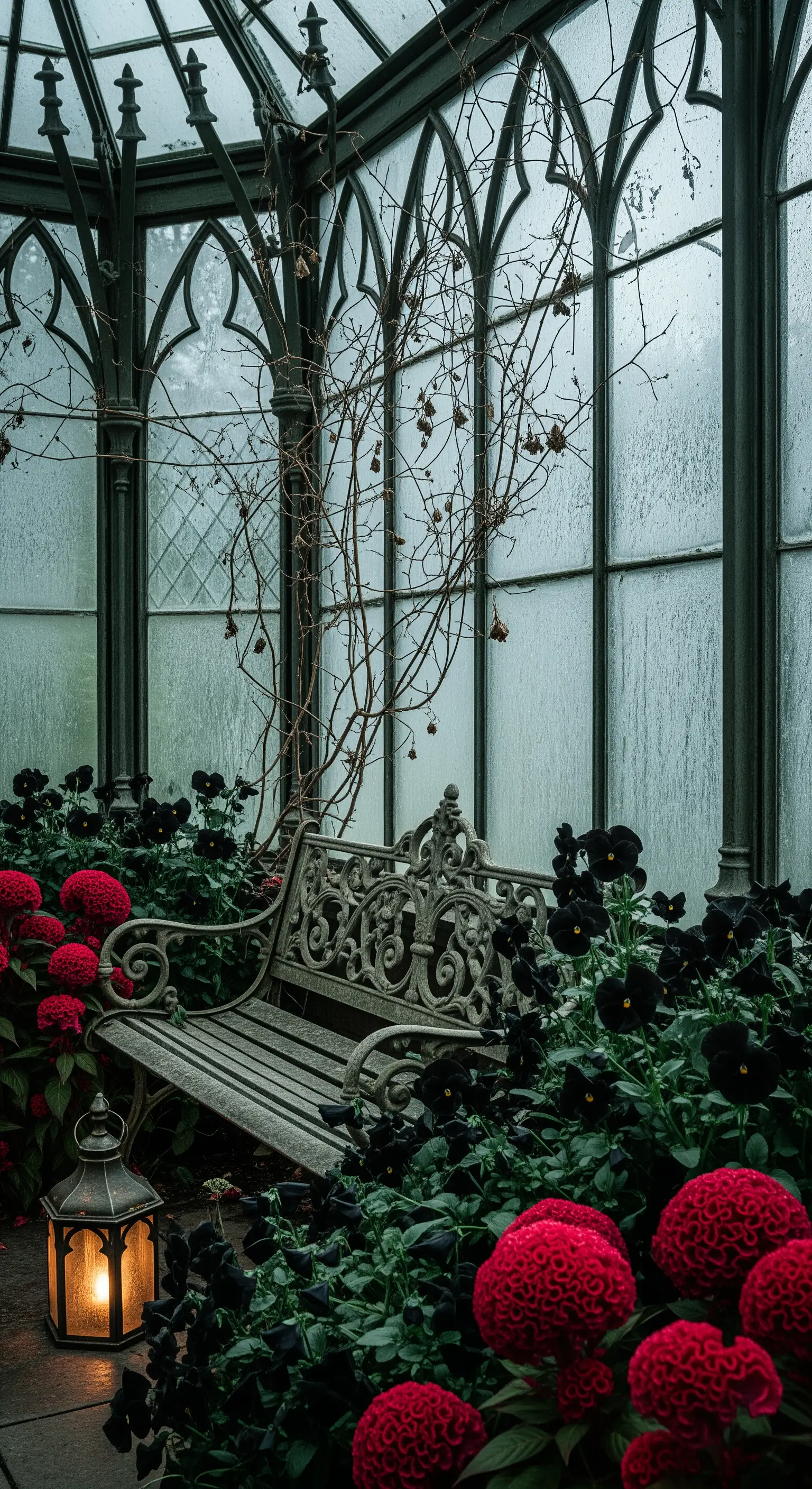 Gotischer Wintergarten mit dunklen Blumen, alter Gartenbank und Laterne