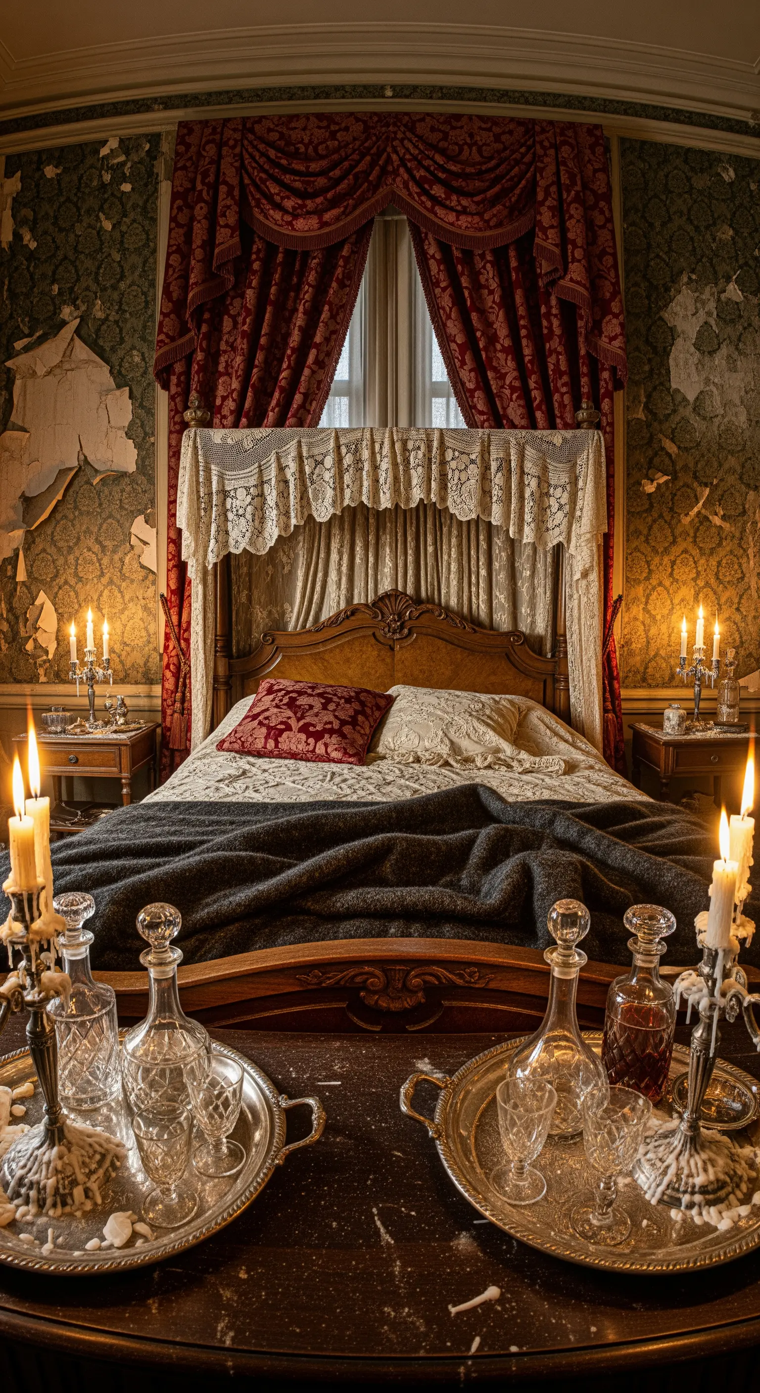 Vintage-Schlafzimmer mit Himmelbett, Spitze, dunkler Decke und Kerzenständern