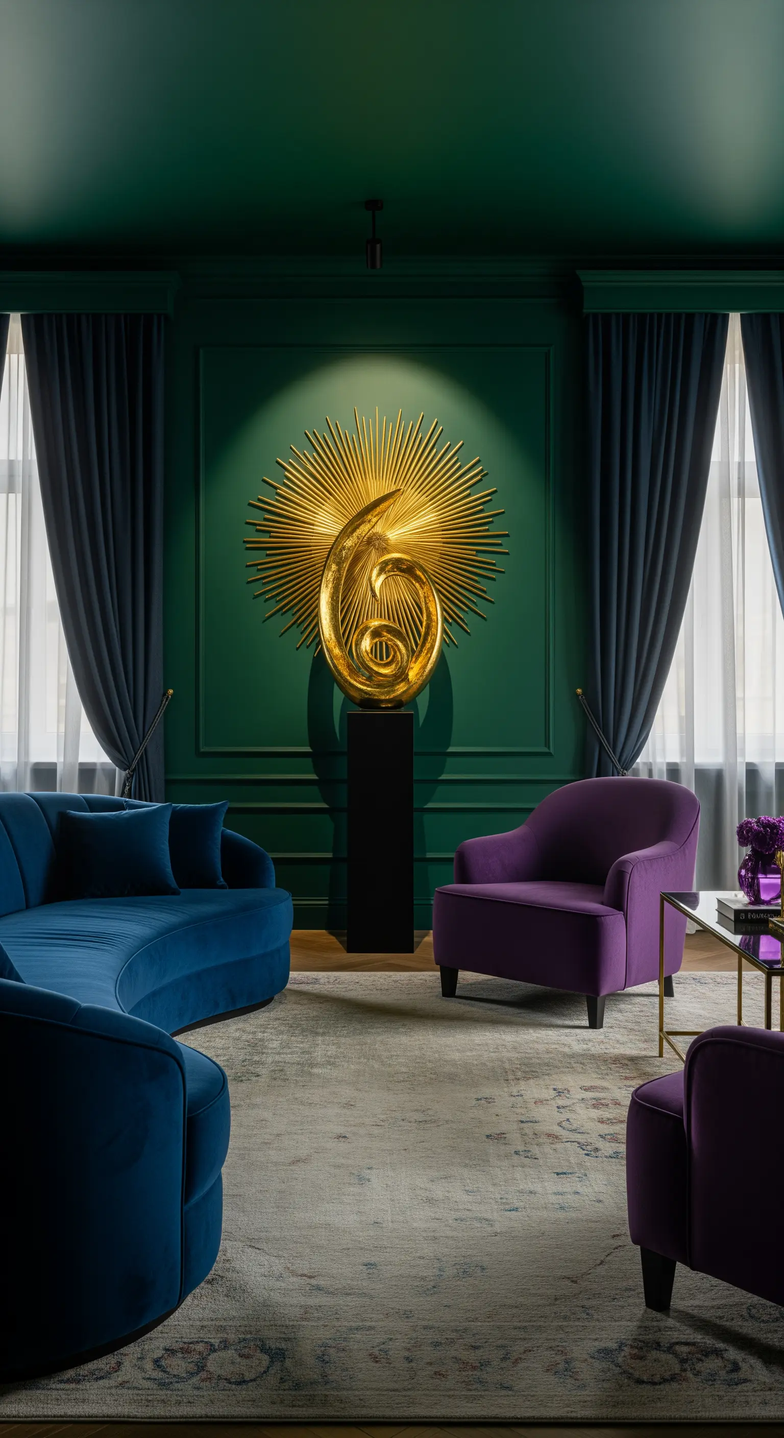 Goldene Sonnenskulptur, mit einem Spot angestrahlt, vor einer dunkelgrünen Wand.