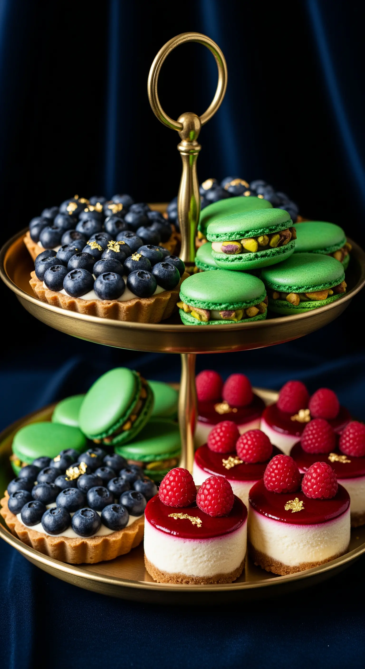 Goldene Etagere vor dunklem Hintergrund mit kunstvollen Fruchttörtchen und Macarons.