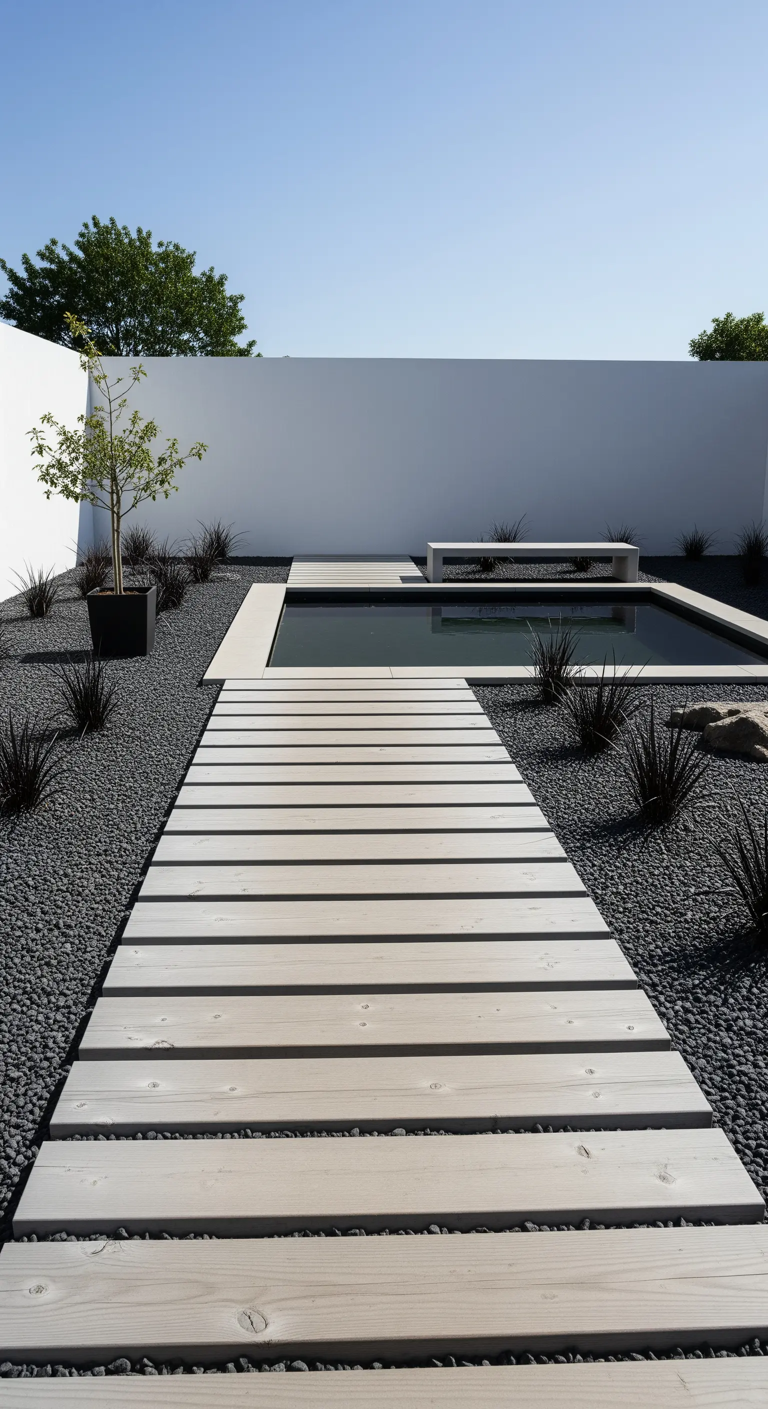 Minimalistischer Garten mit einem Weg aus hellen Holzplanken auf dunklem Kies vor weißen Mauern.