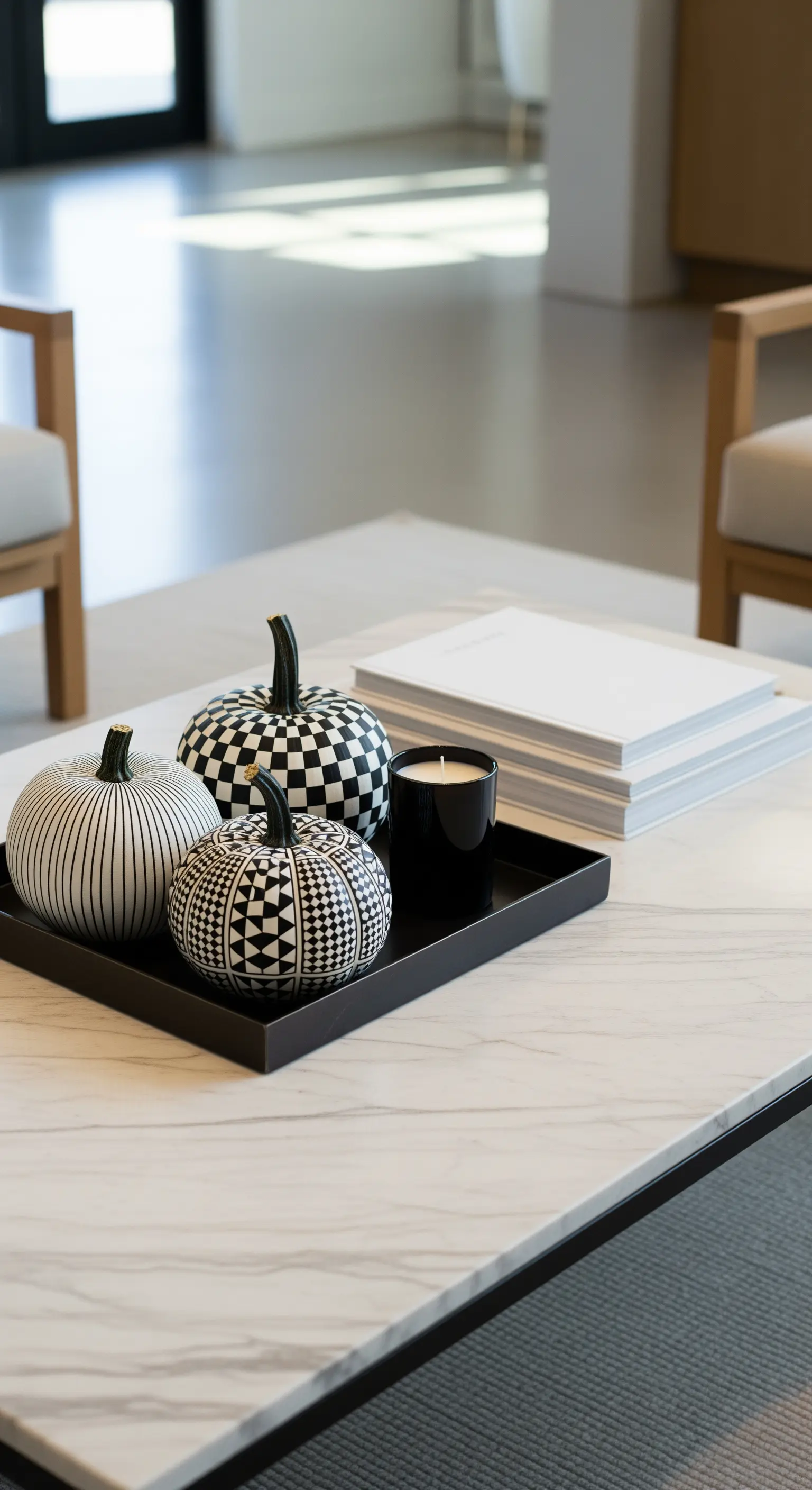 Couchtisch mit schwarz-weiß gemusterten Kürbissen und schwarzer Kerze