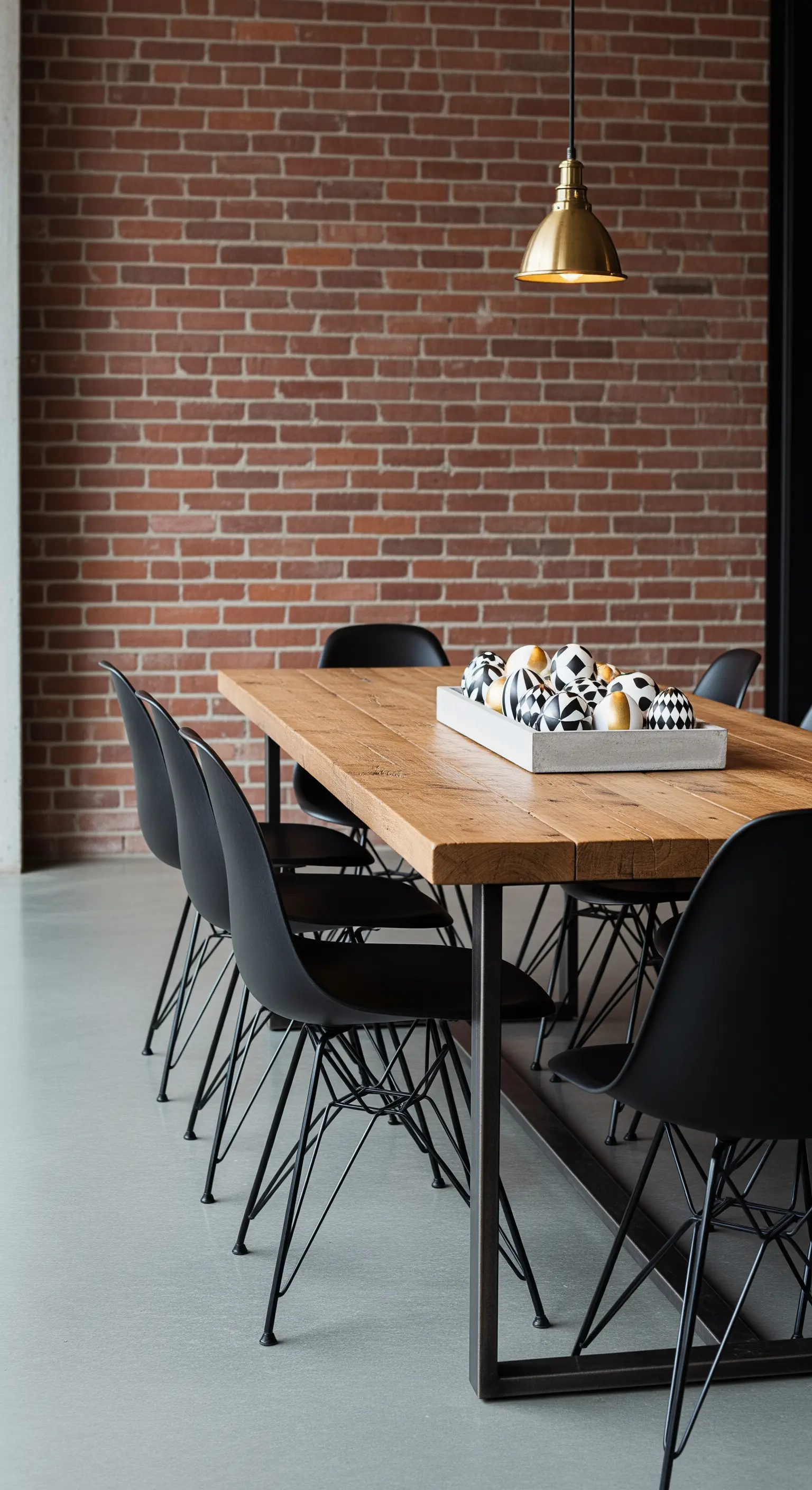 Moderne Ostereier mit schwarzen grafischen Mustern in einem Holzkasten auf einem Esstisch