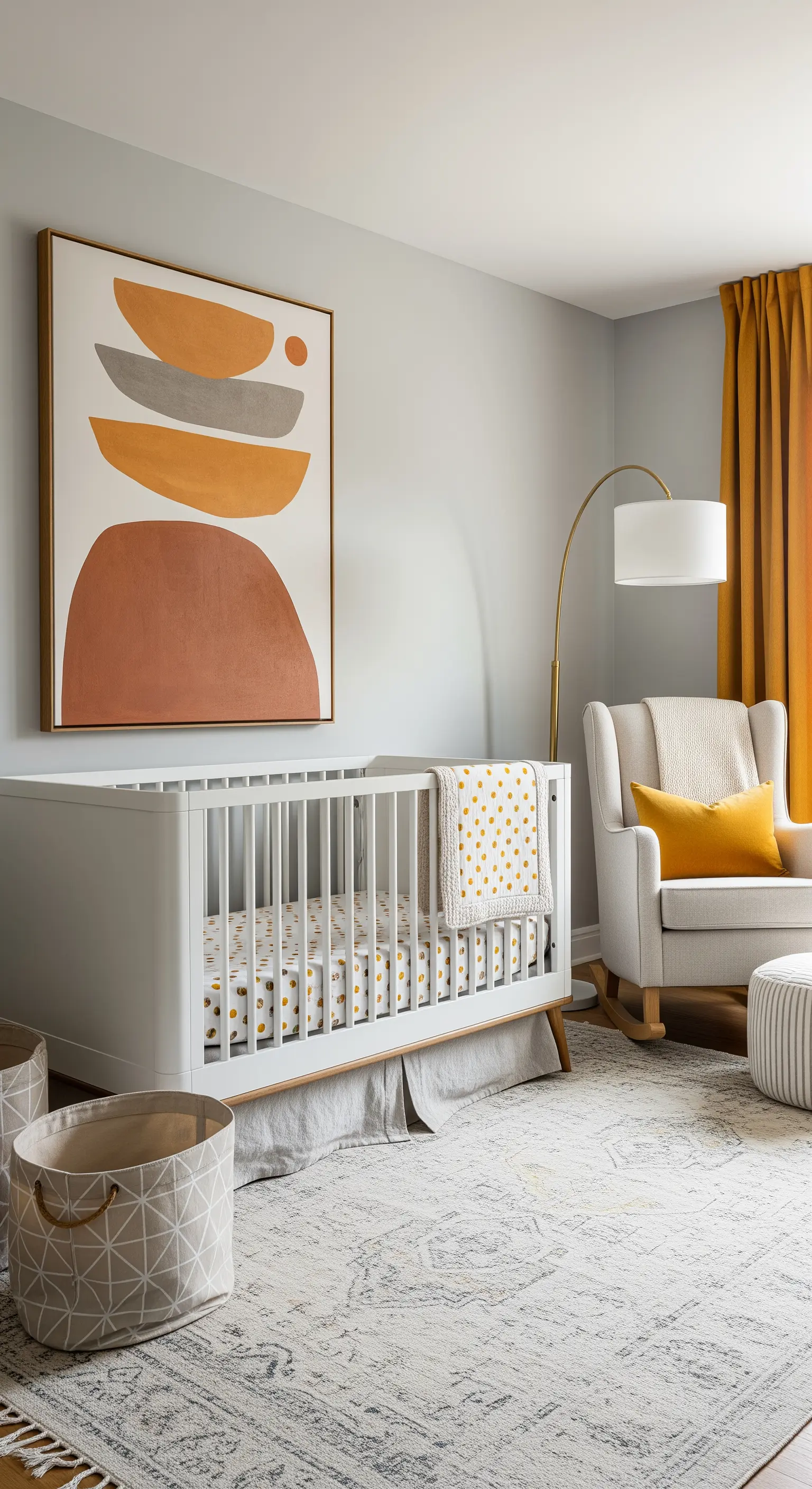 Modernes Boho-Kinderzimmer mit abstraktem Kunstwerk und senfgelben Vorhängen.