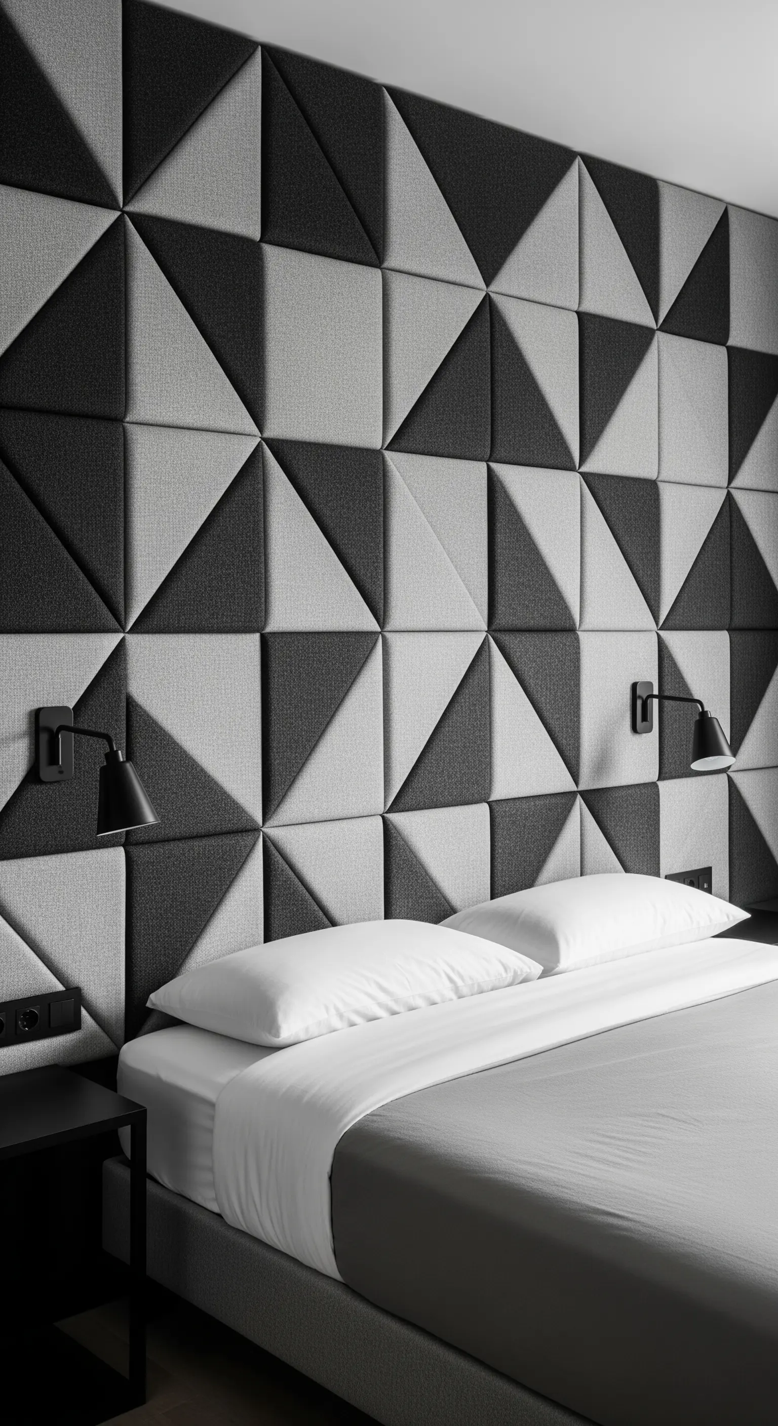Dreidimensionale, geometrische Akustikpaneele in Grau- und Schwarztönen als grafische Kopfteilwand.