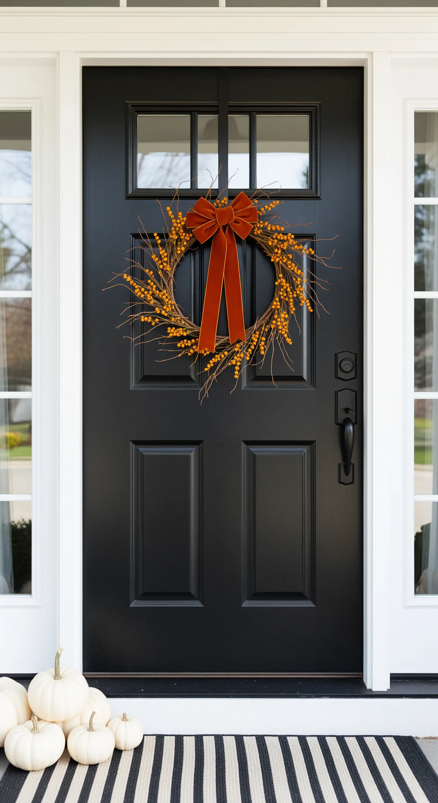 Beerenkranz mit rostroter Samtschleife an schwarzer Tür, weiße Kürbisse