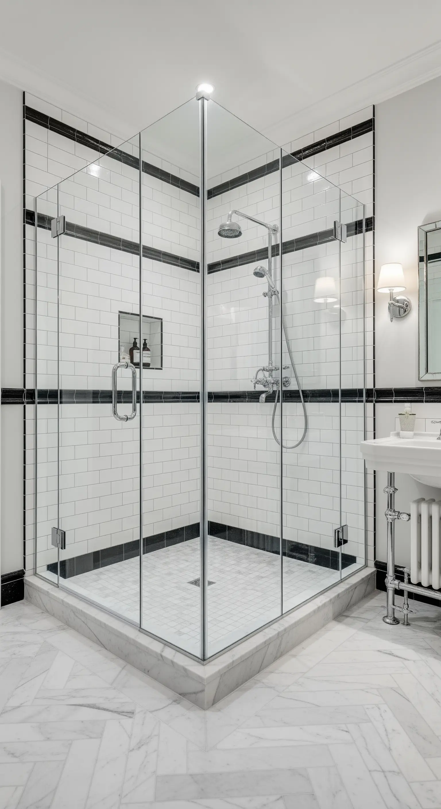 Eckdusche mit weißen Metrofliesen und markanten schwarzen Akzentstreifen