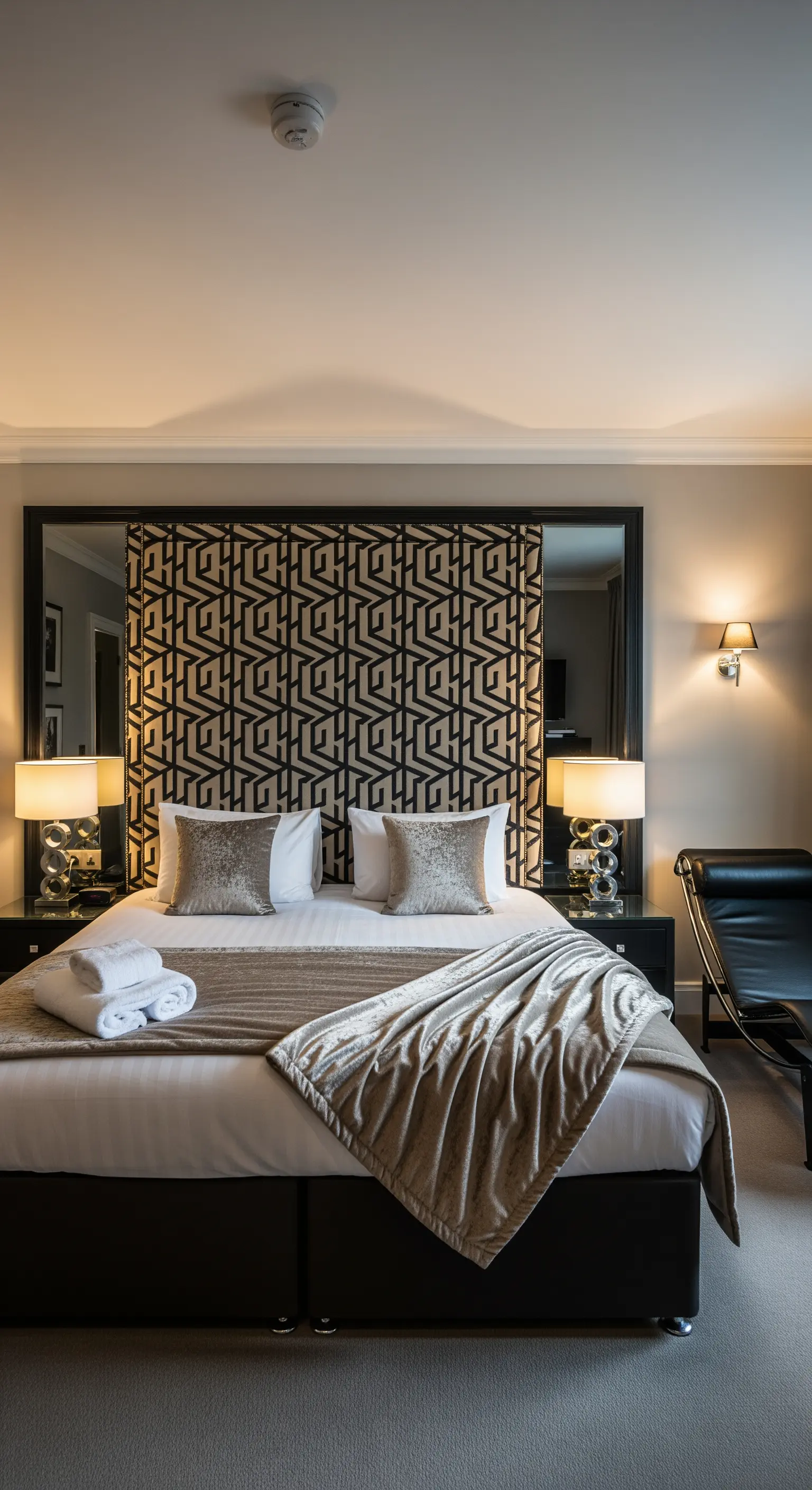 Schlafzimmer mit einem großen, grafisch gemusterten Panel als Kopfteil.