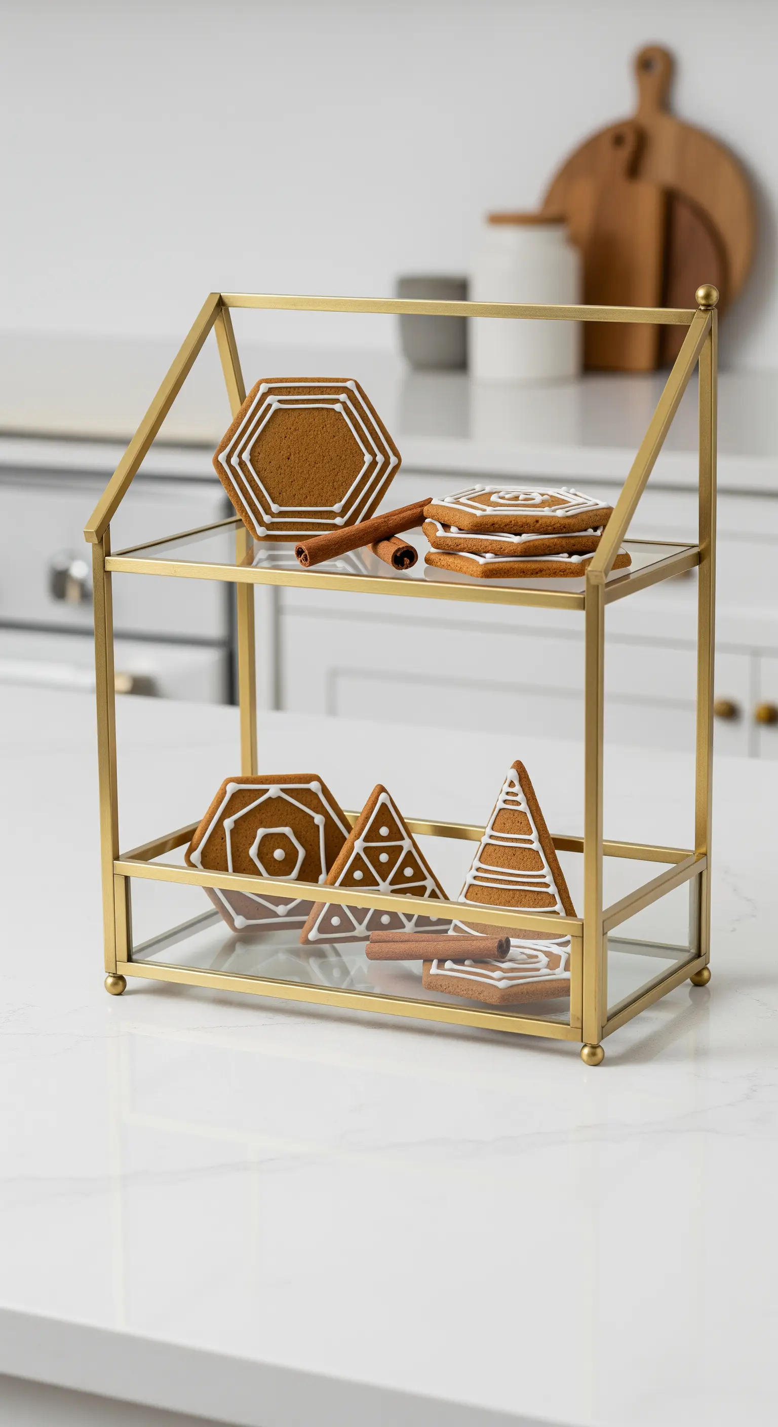 Geometrische Etagere aus Messing und Glas mit grafischen Lebkuchen.
