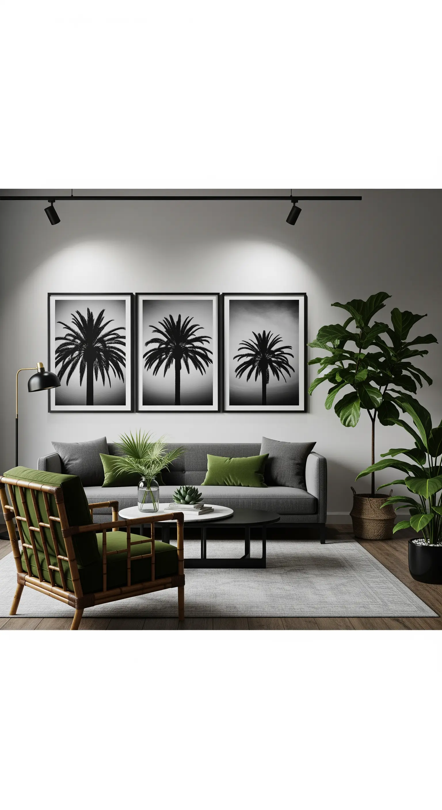 Wohnzimmer mit einem Triptychon aus Schwarz-Weiß-Palmenfotografien über einem grauen Sofa