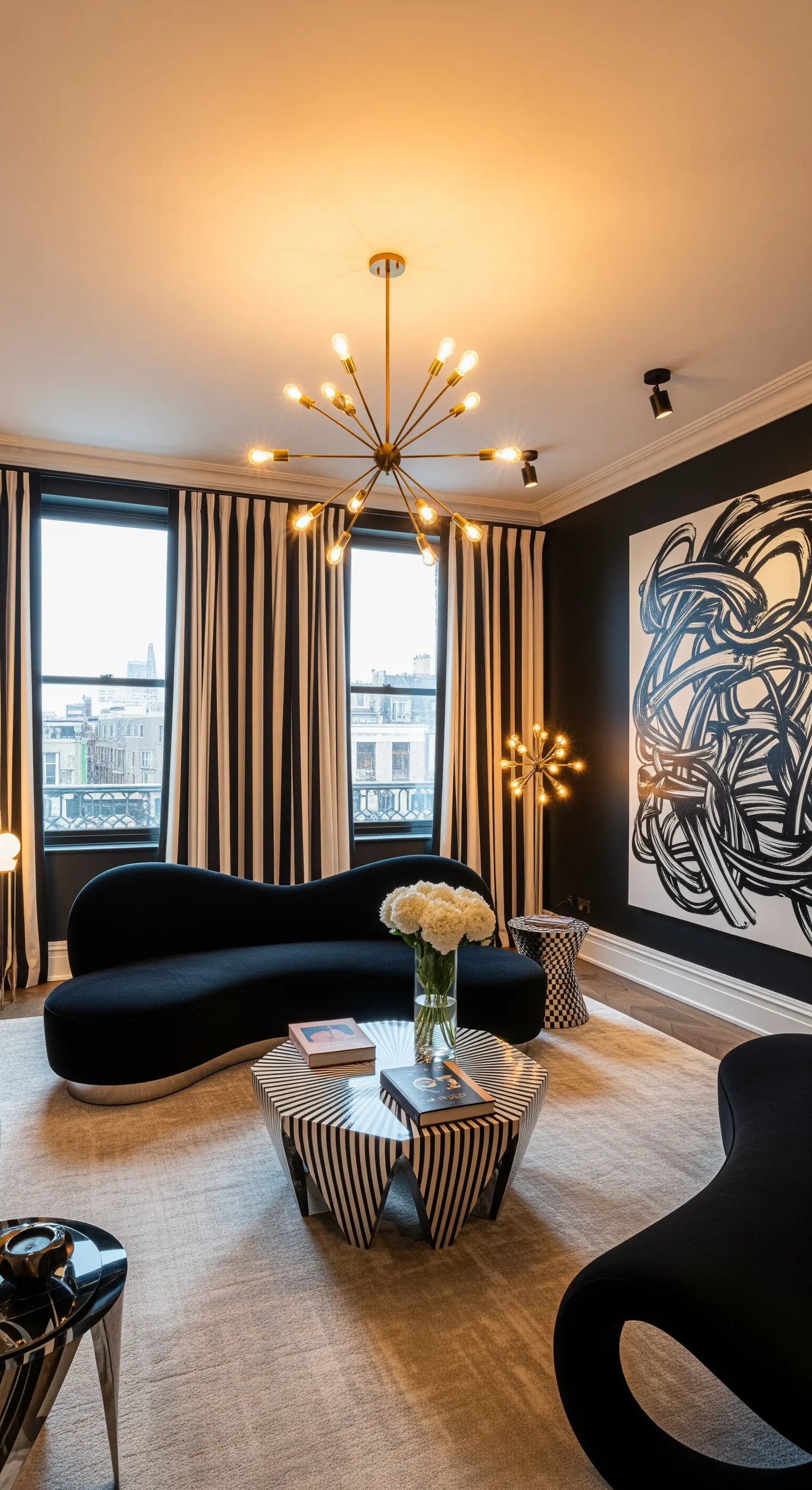 Modernes Wohnzimmer mit schwarz-weiß gestreiften Vorhängen und Designer-Möbeln.