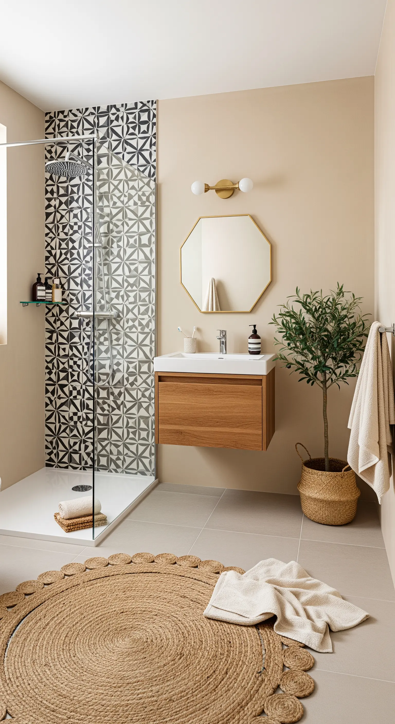 Badezimmer mit gemusterter Duschwand, beigen Wänden und rundem Juteteppich.