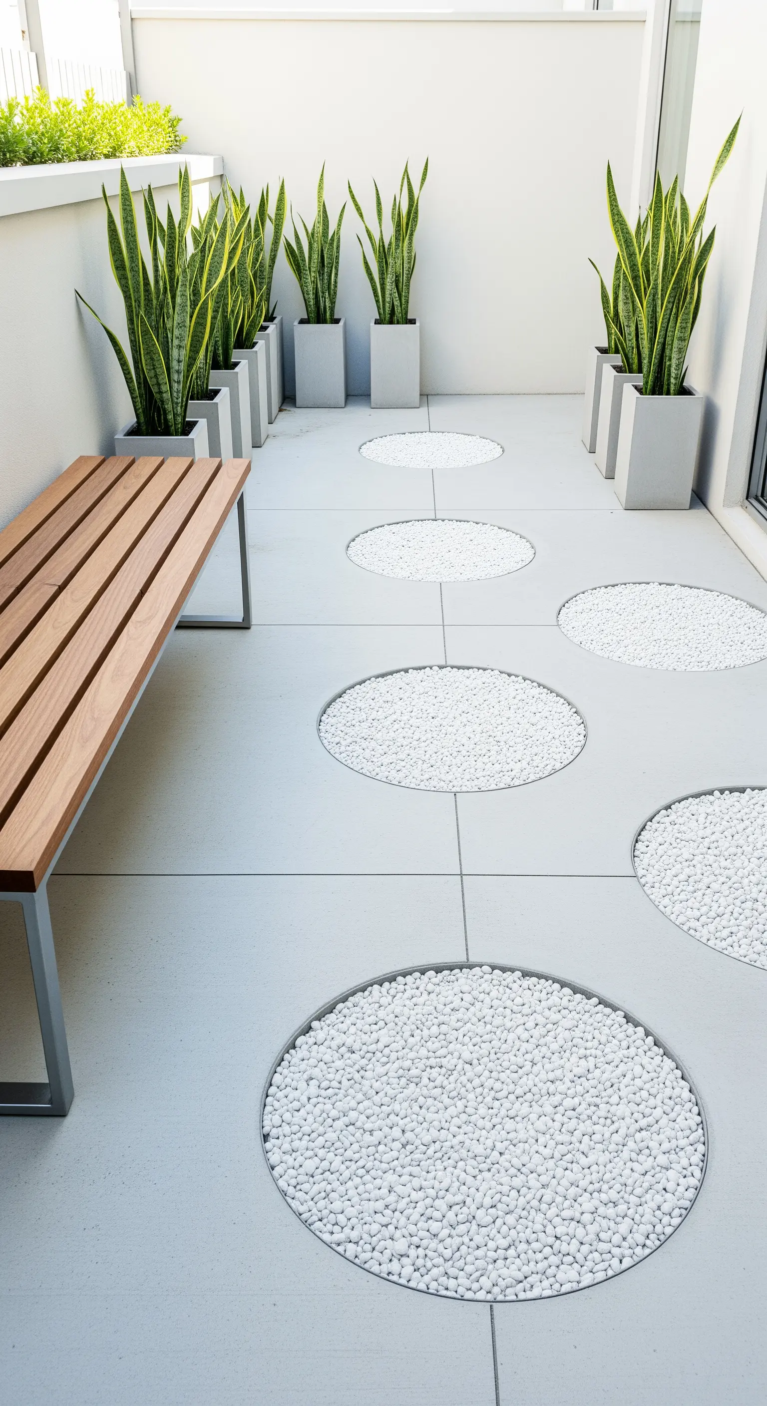 Moderner Patio mit weißen Kieskreisen, Schlangenpflanzen und Holzbank
