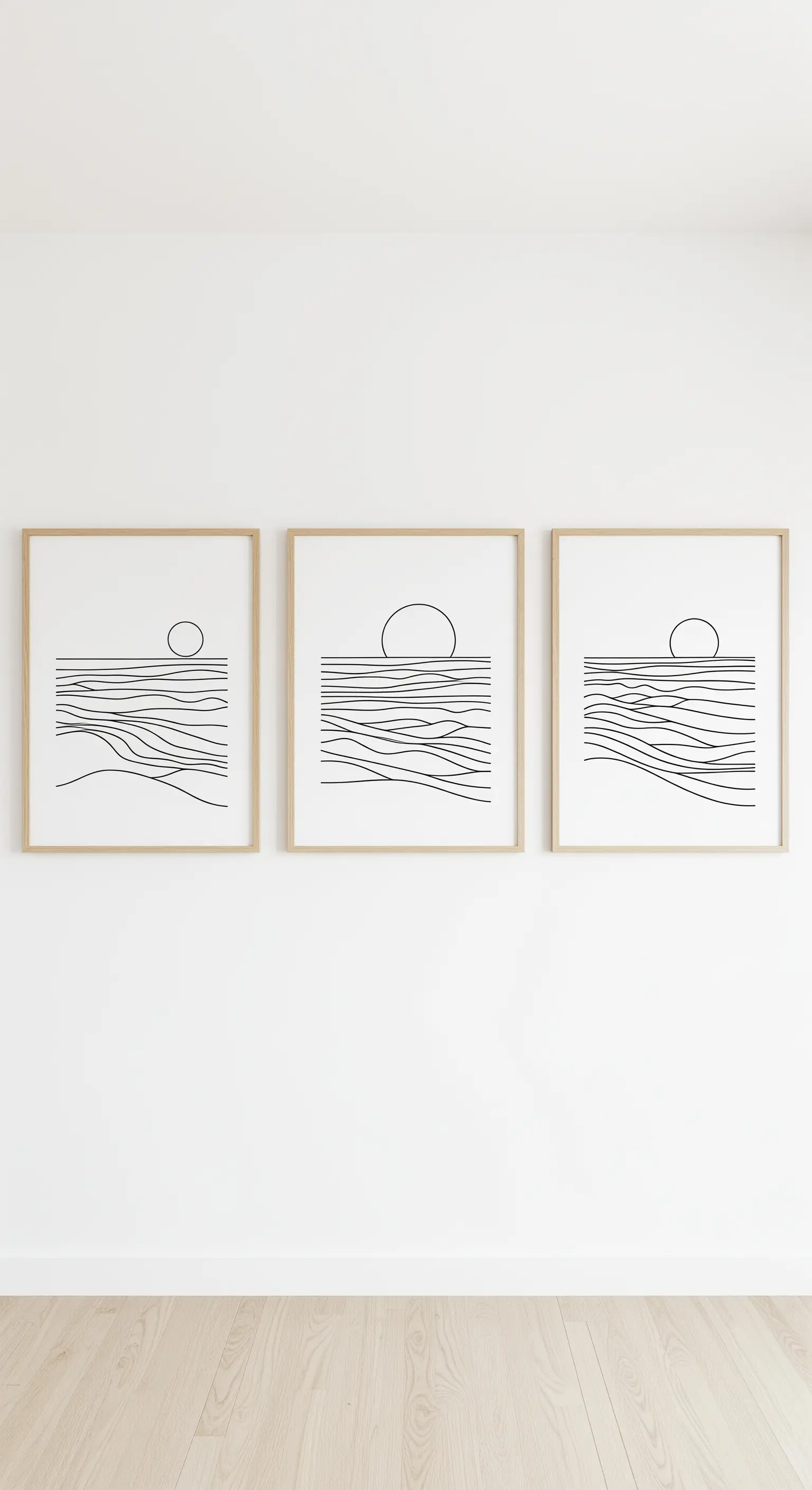 Drei gerahmte Line-Art-Bilder mit Sonnenuntergangsmotiv an einer weißen Wand.