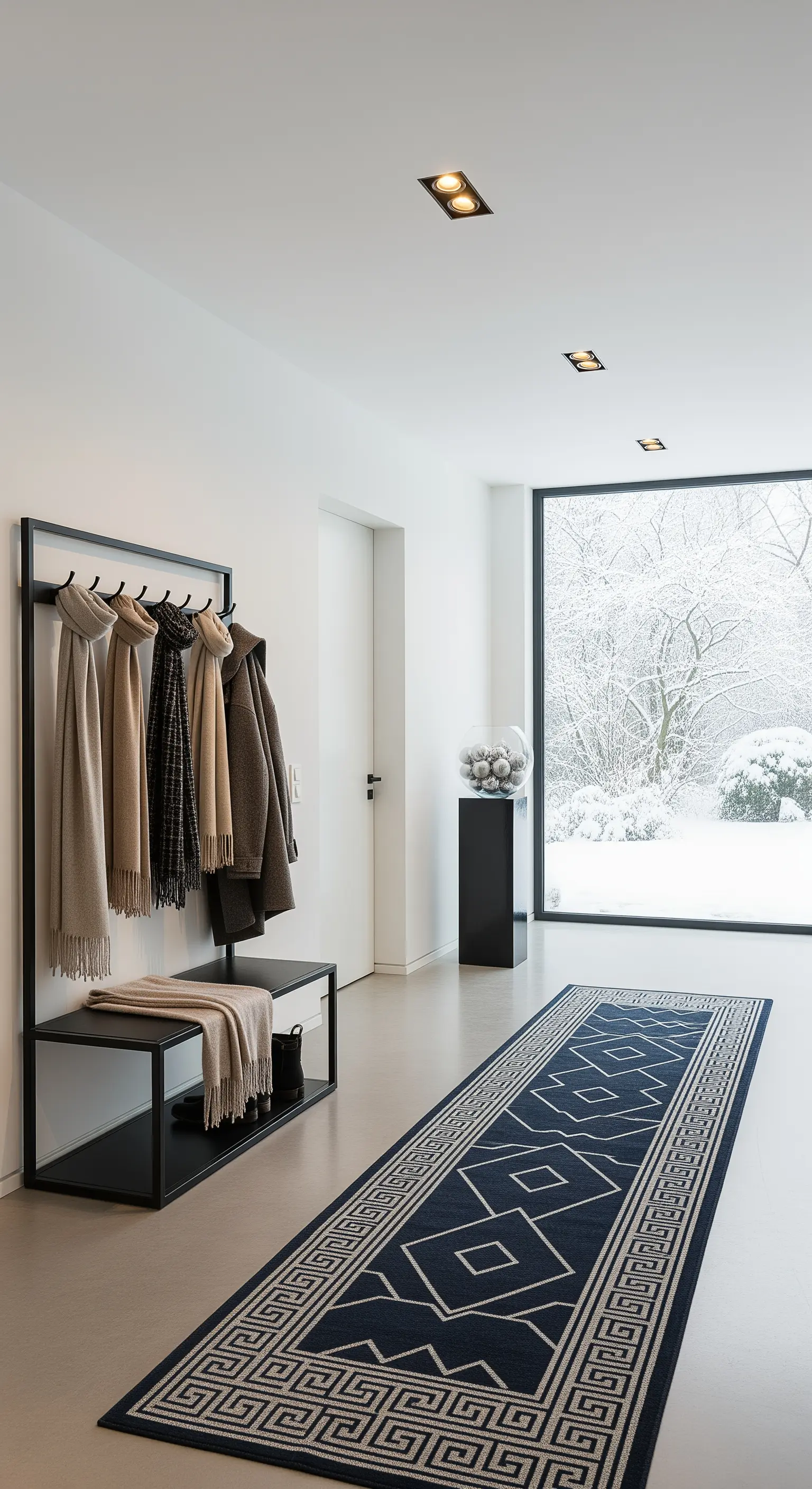 Minimalistischer Flur mit großem Fenster, schwarzem Garderobenständer und blauem Teppichläufer