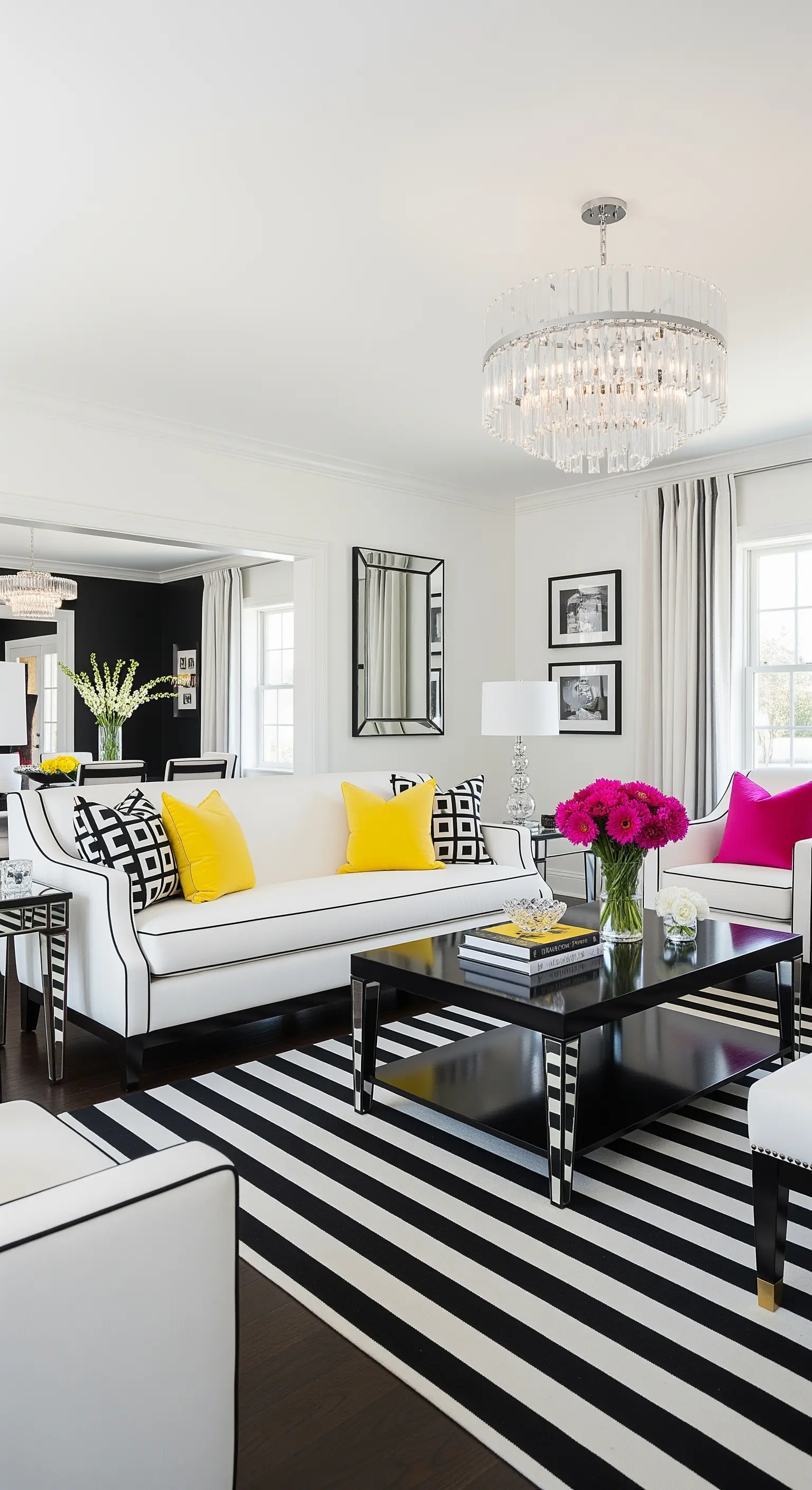 Modernes Wohnzimmer in Schwarz-Weiß mit Akzenten in Gelb und Pink.