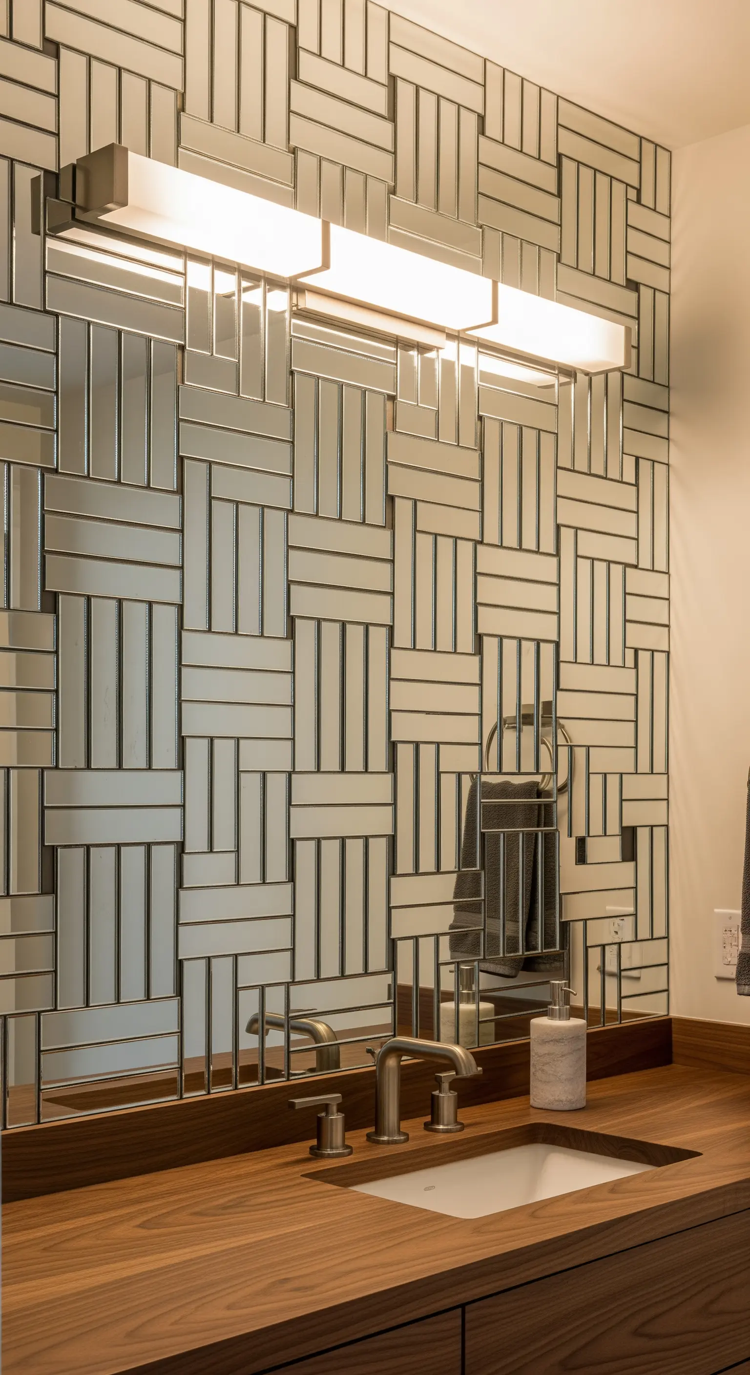 Badezimmer mit einer Spiegelwand aus rechteckigen Fliesen, die in einem Korbgeflecht-Muster angeordnet sind.