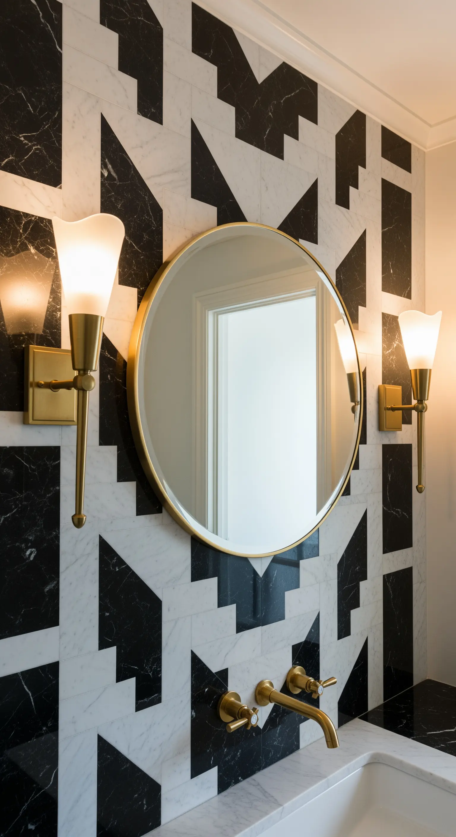Badezimmerwand mit einem geometrischen Muster aus schwarzem und weißem Marmor im Art-Déco-Stil.