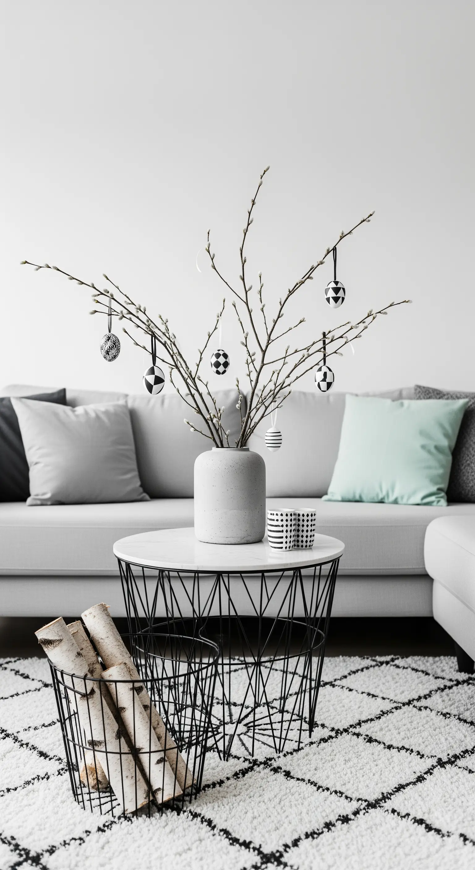 Moderne Osterdeko in Schwarz-Weiß mit Betonvase, Drahtkorb-Tisch und grafischen Eiern.