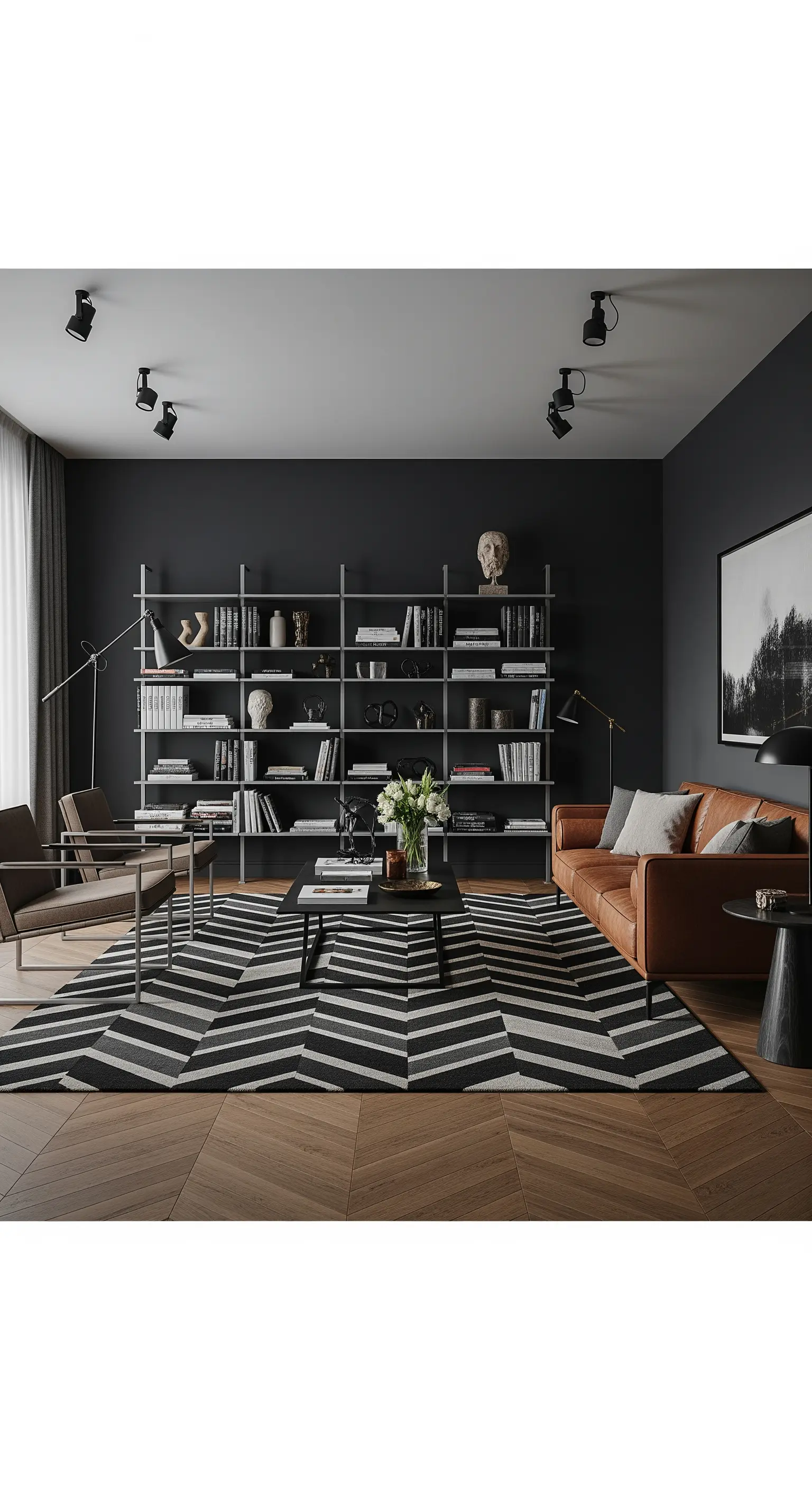 Dunkles, modernes Wohnzimmer mit einem großen schwarz-weißen Chevron-Teppich.