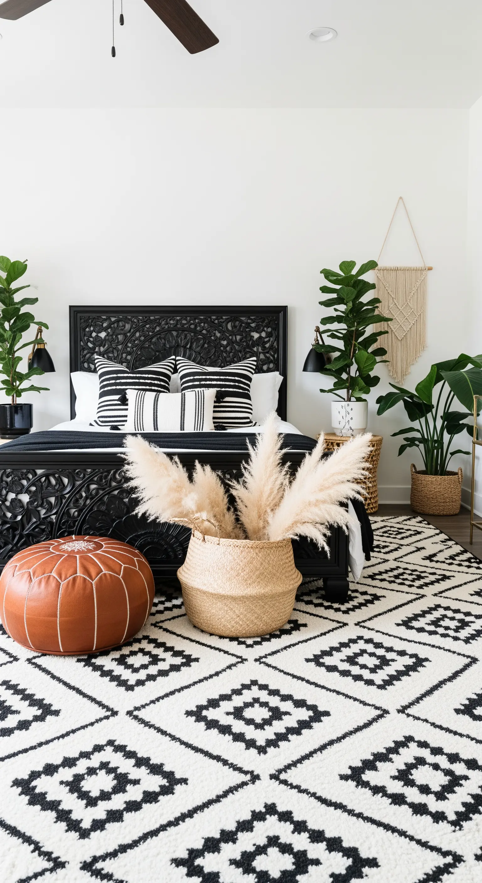 Schwarz-weißes Boho-Schlafzimmer mit geschnitztem Bett, Berberteppich und Lederpouf