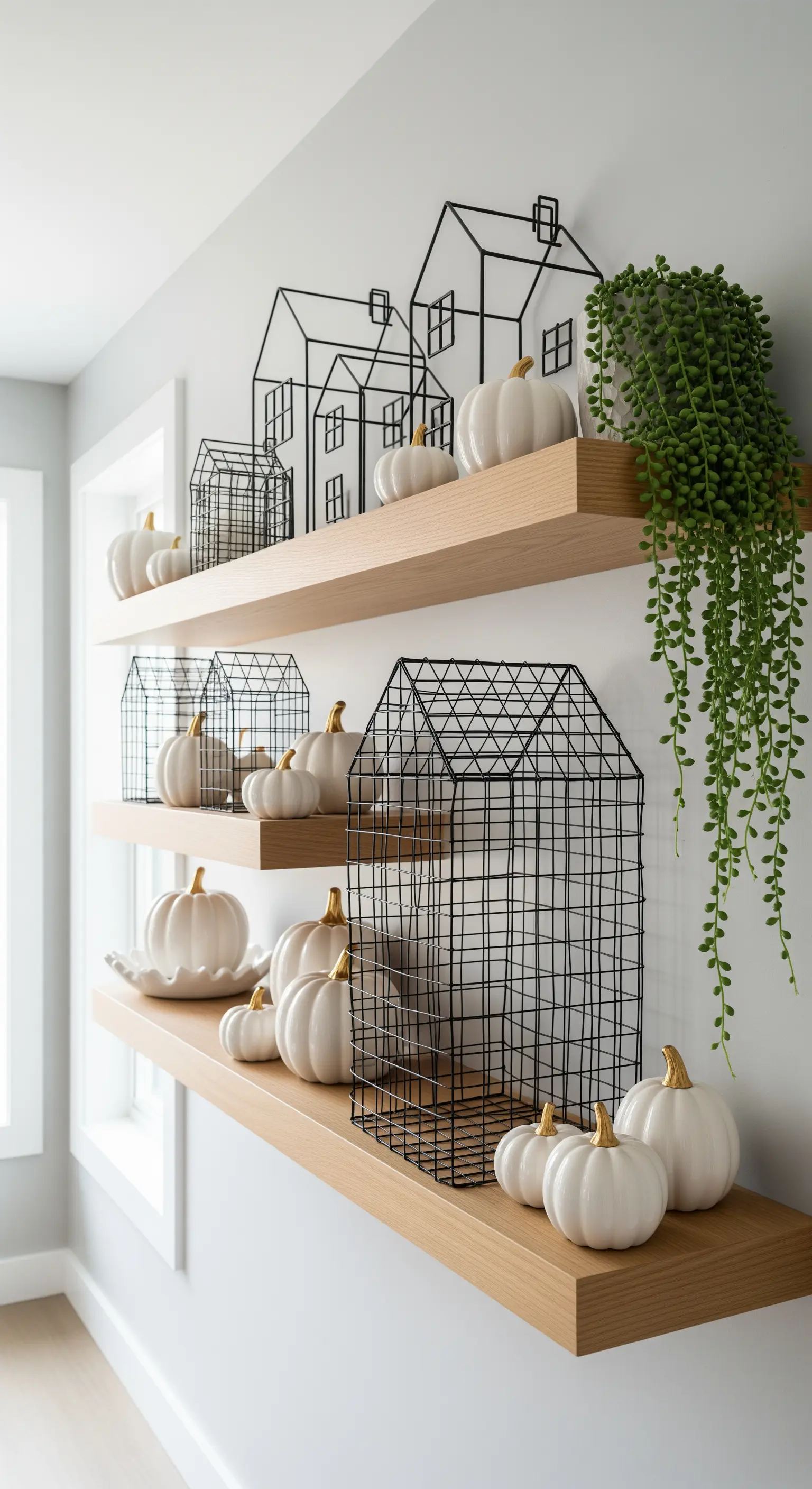Wandregale aus Holz mit weißen Kürbissen und Draht-Häusern