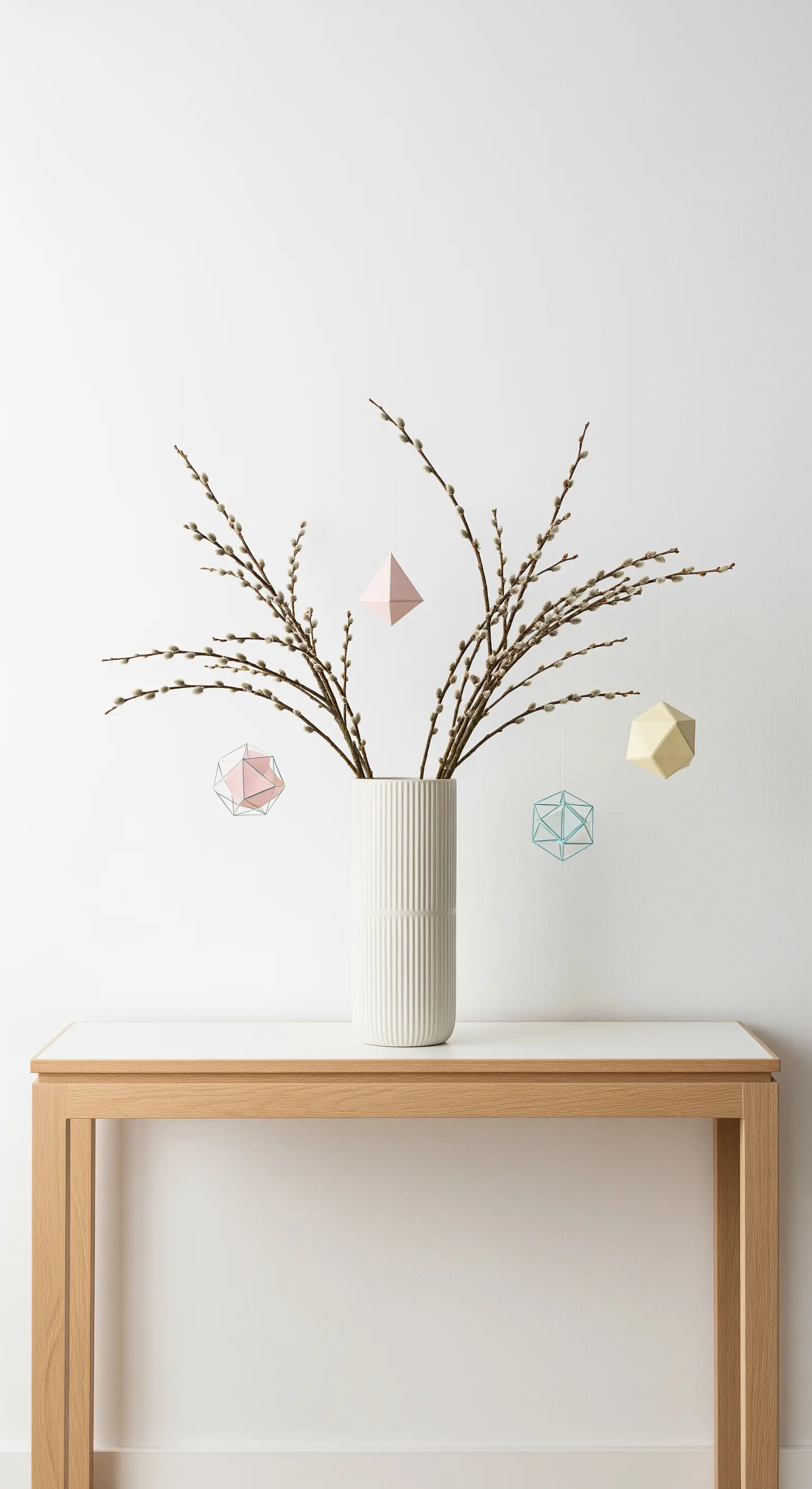 Weidenkätzchen-Strauß mit geometrischen Papieranhängern in einer weißen Vase.