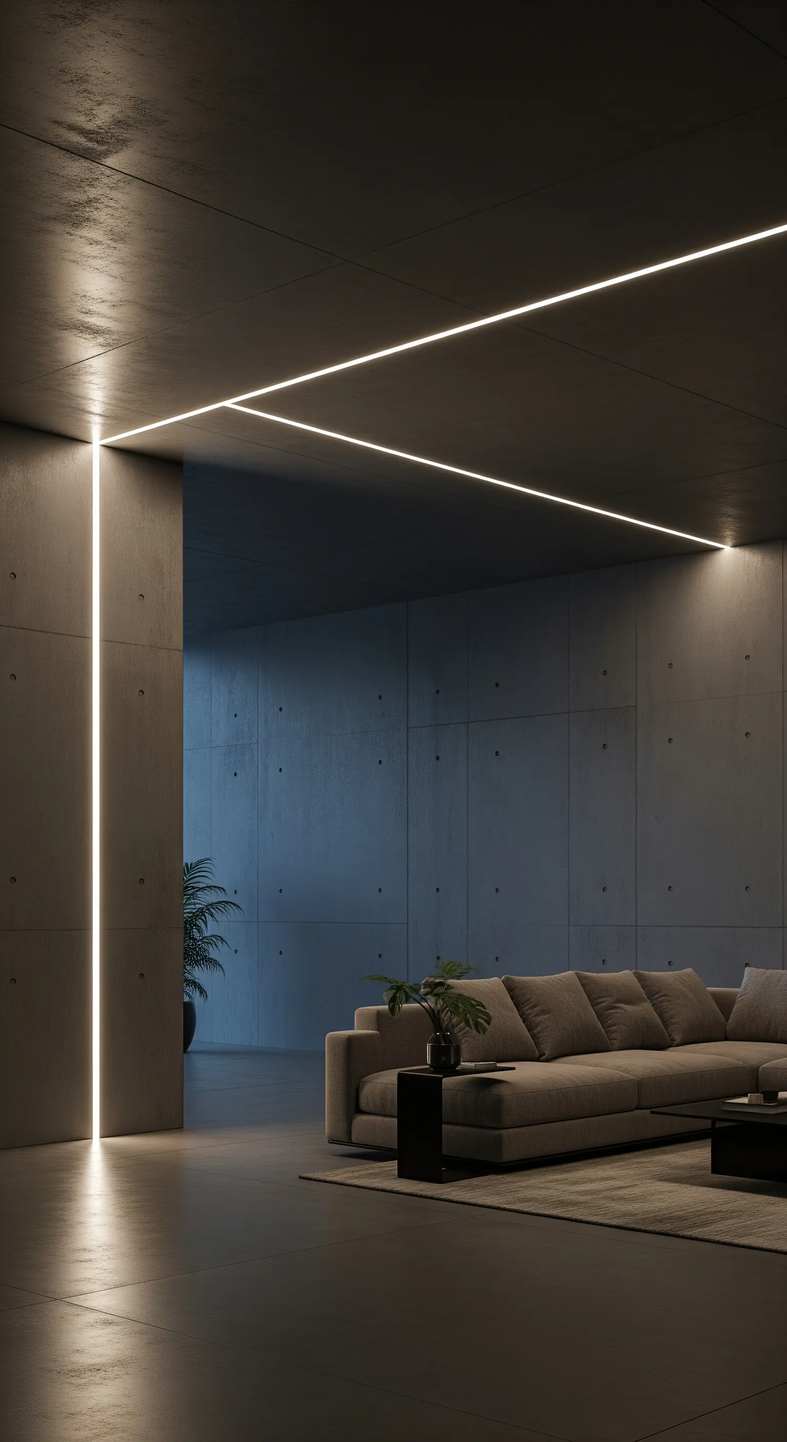 Minimalistisches Wohnzimmer mit Sichtbetonwänden und einer durchgehenden LED-Lichtlinie