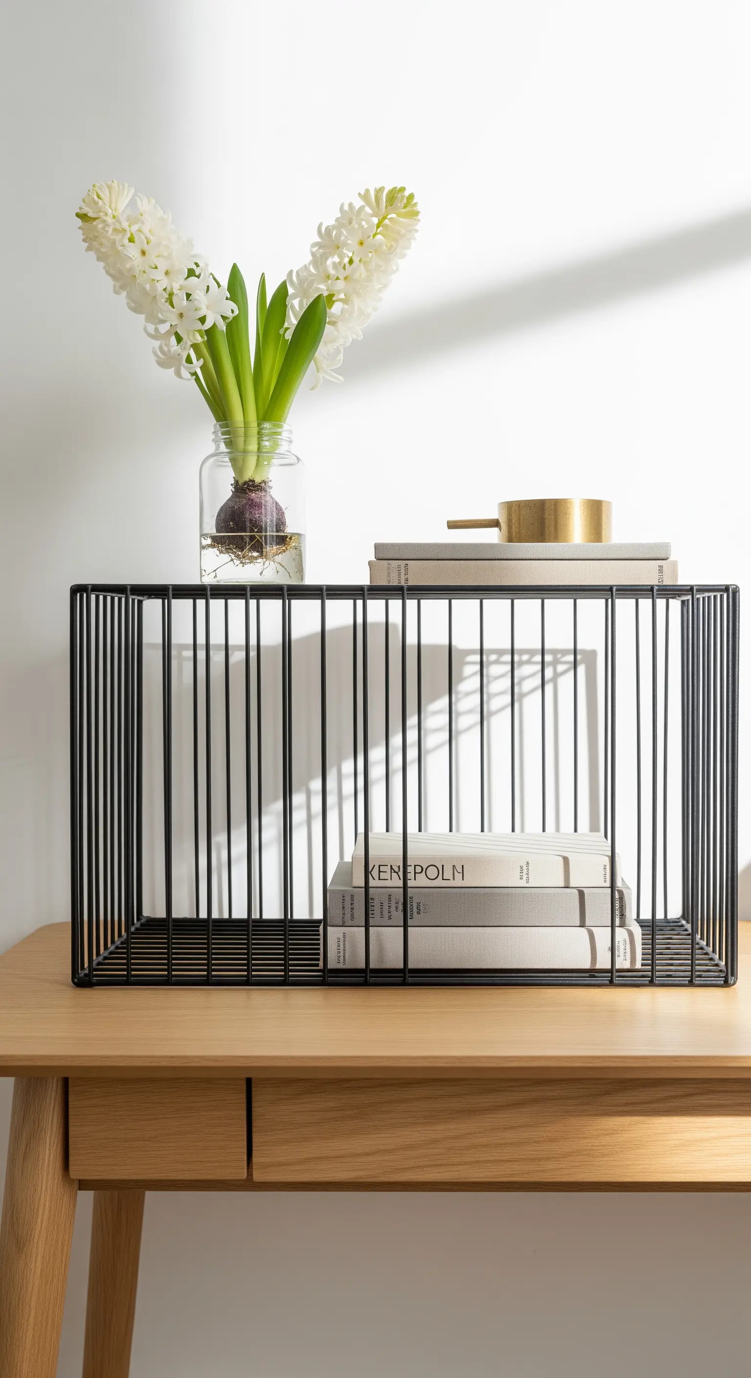Schwarzes Drahtregal mit Hyazinthe im Glas