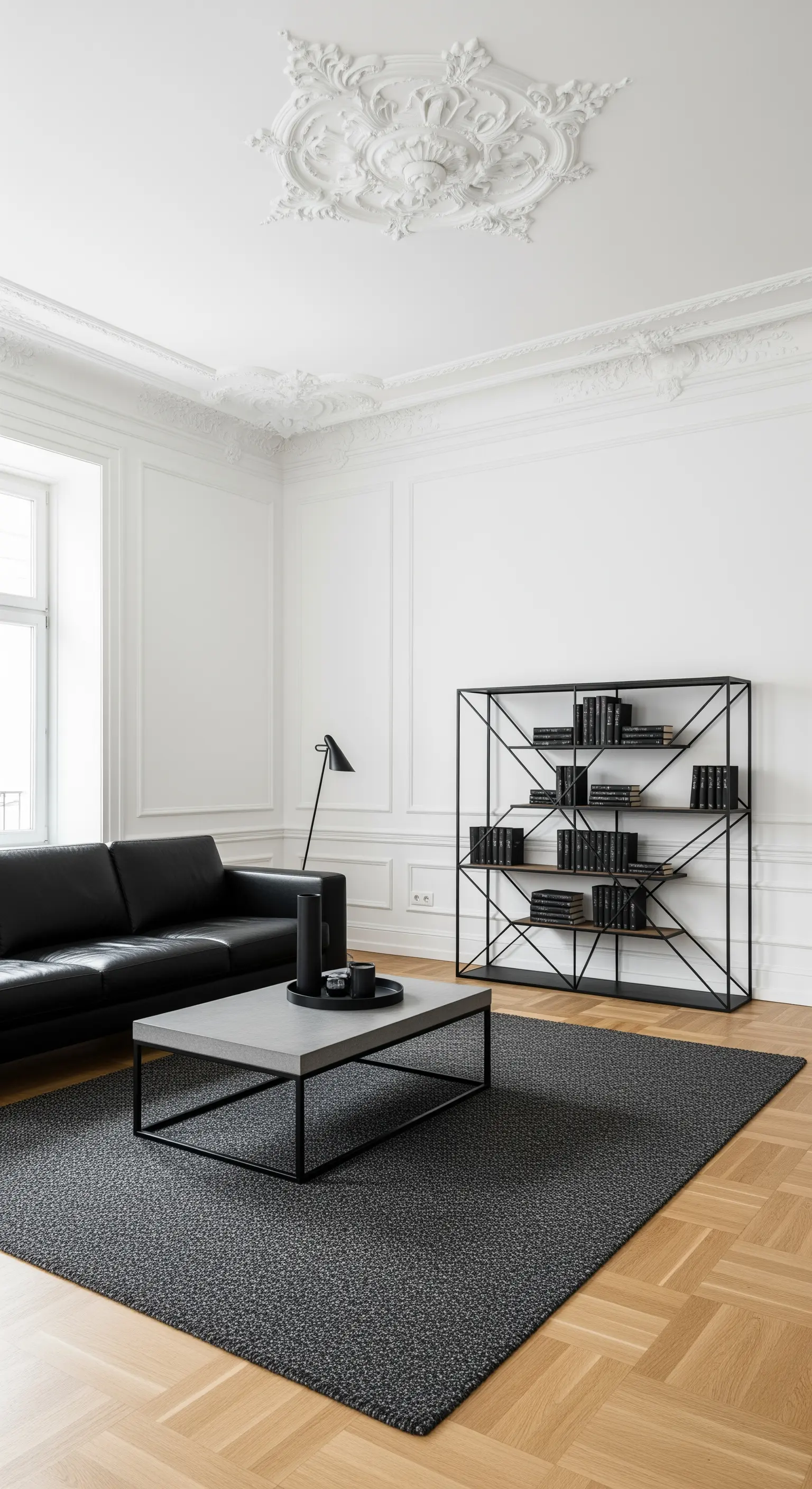 Weißes Altbau-Wohnzimmer mit Stuck, schwarzem Ledersofa und grafischem Metallregal.