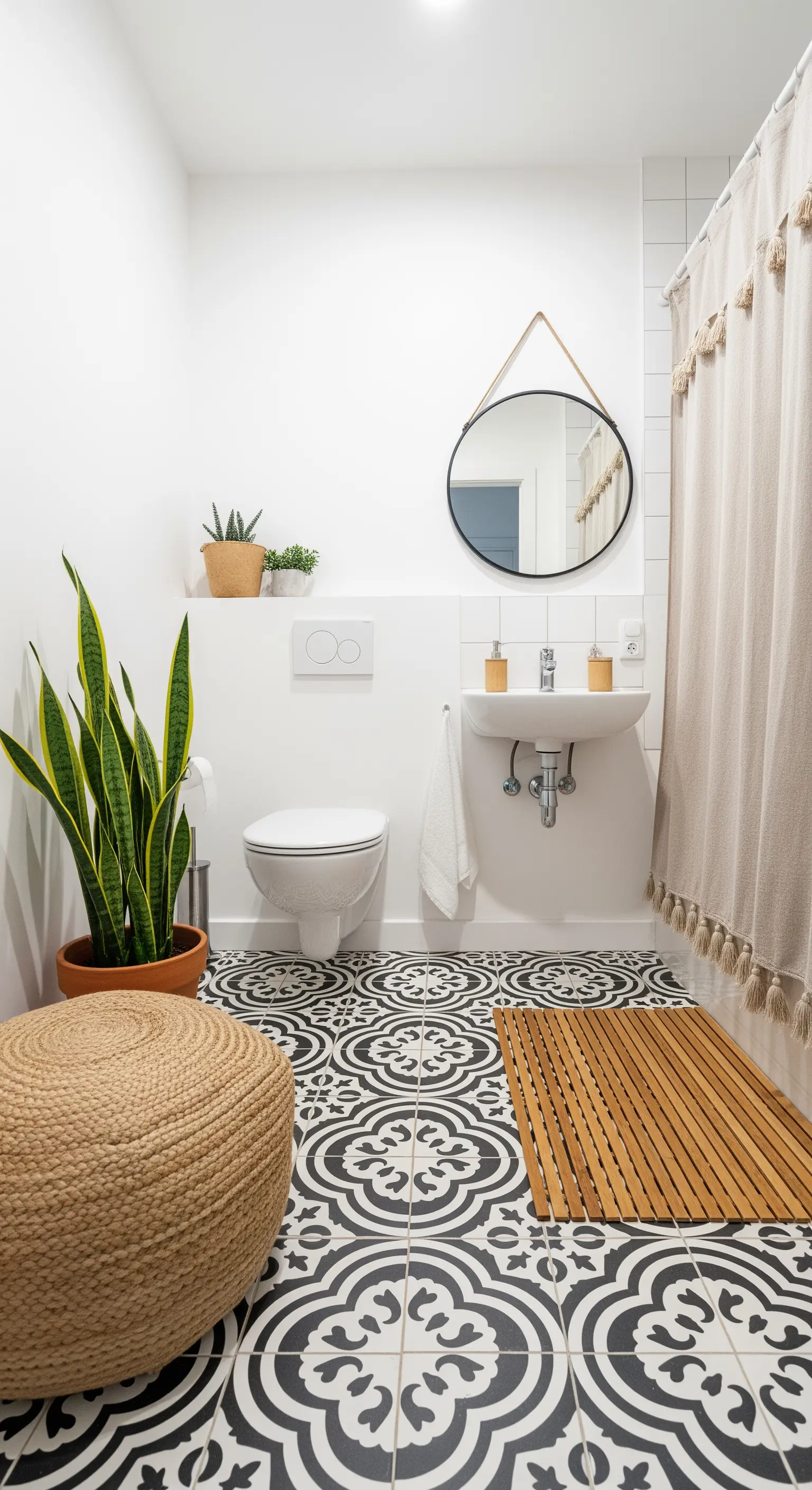 Kleines Bad mit auffälligen schwarz-weißen Ornamentfliesen am Boden.