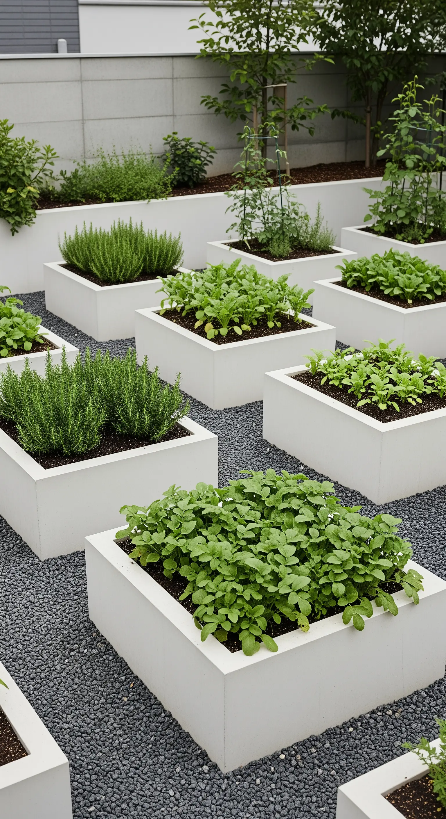 Moderne Hochbeete aus weißem Beton in einem Schachbrettmuster auf dunklem Kies, bepflanzt mit Kräutern