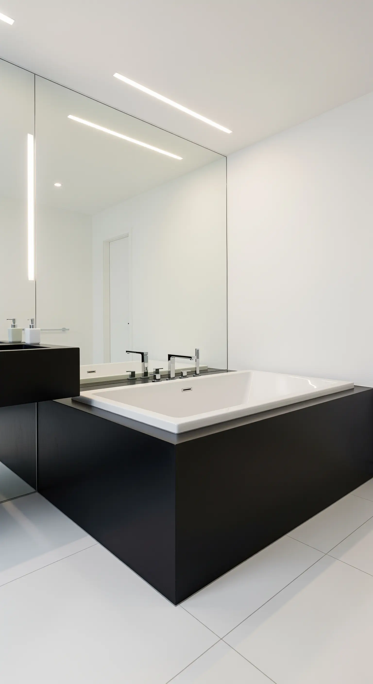 Moderne Badewanne in einem mattschwarzen, monolithischen Podest in einem weiß-schwarzen Bad