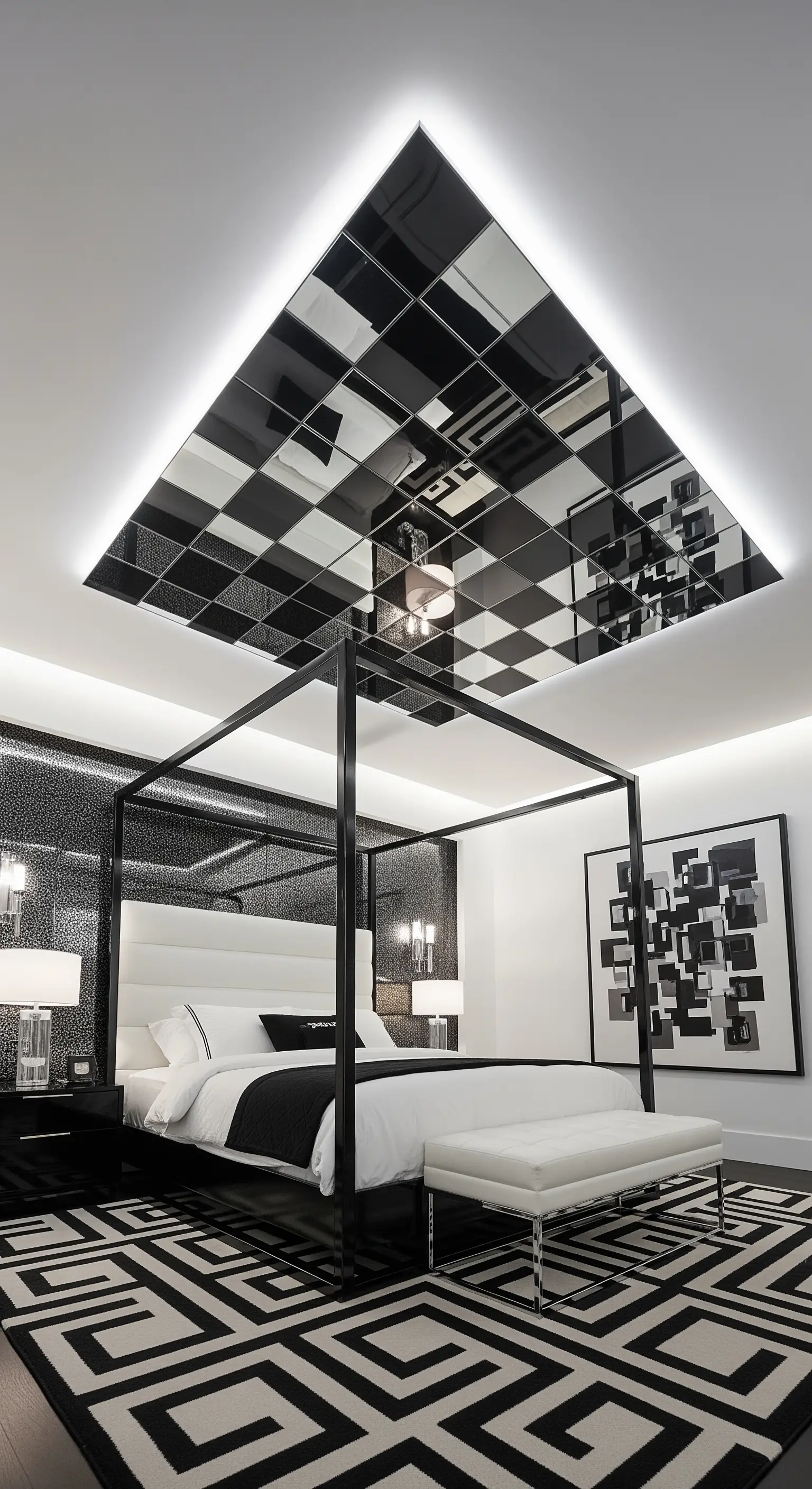 Schwarz-weißes Schlafzimmer mit Himmelbett und einer verspiegelten Schachbrett-Decke.