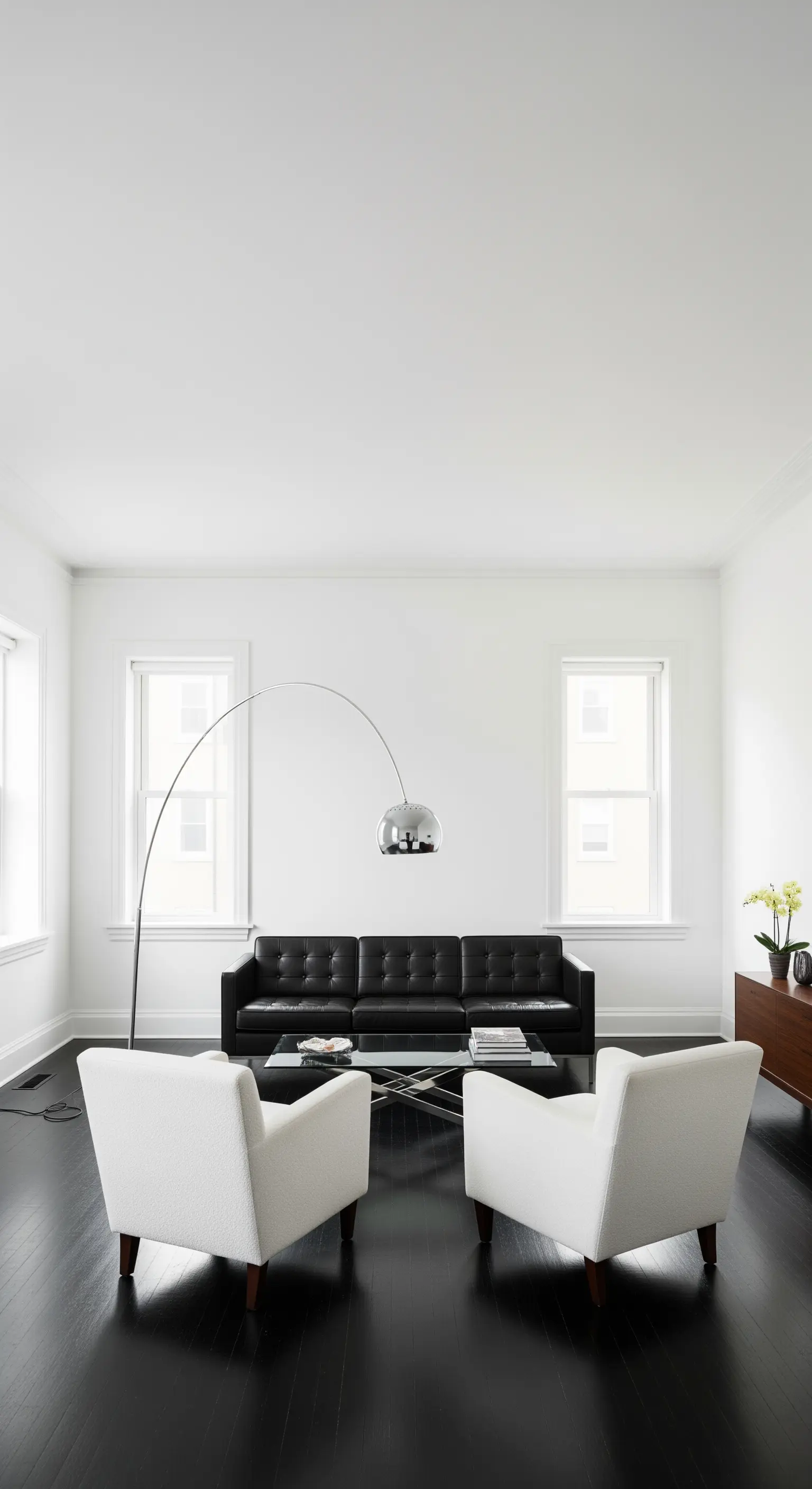 Symmetrisches Wohnzimmer mit schwarzem Sofa, zwei weißen Sesseln und dunklem Holzboden.