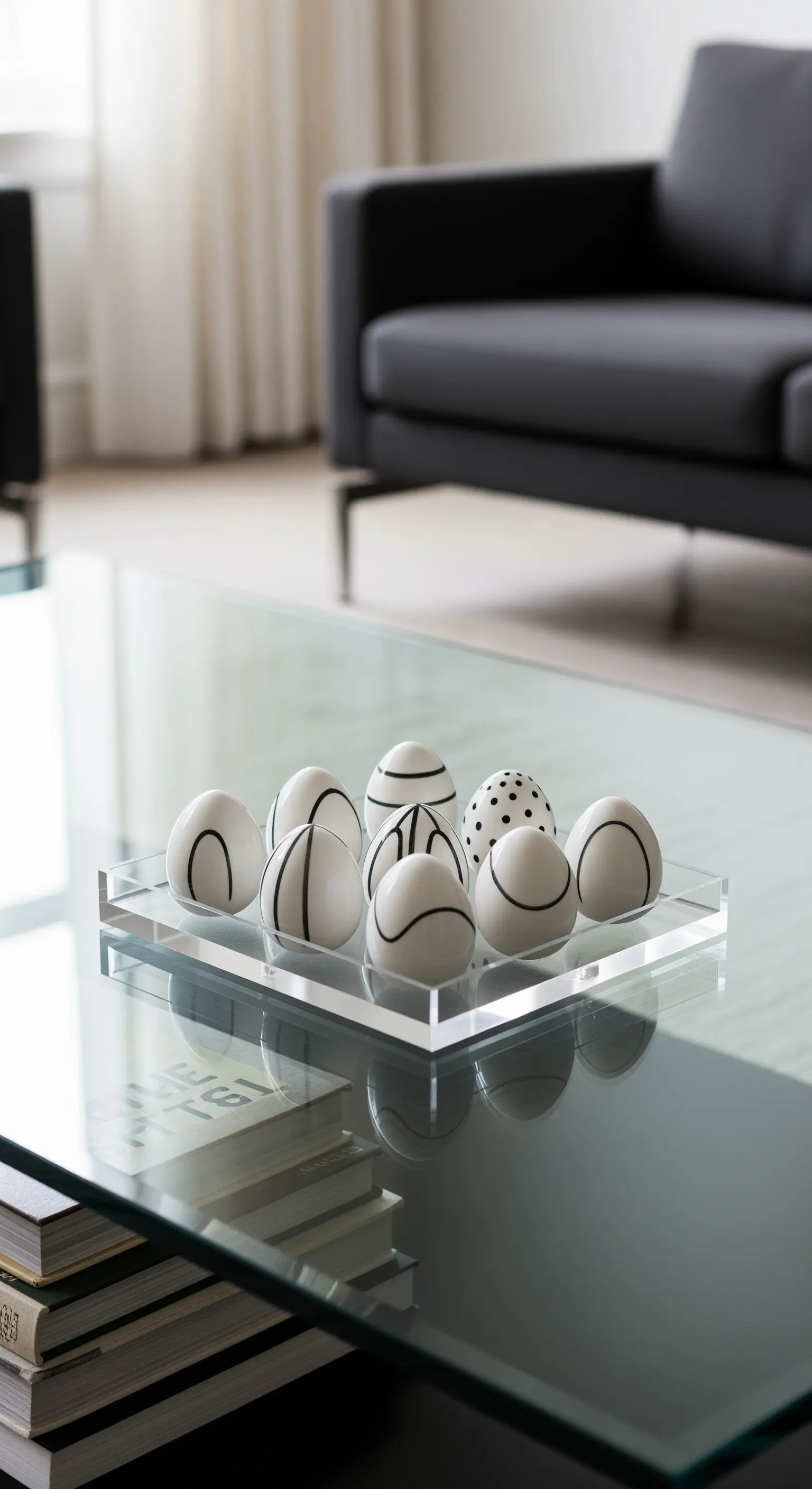 Weiß-schwarz bemalte Ostereier mit grafischen Mustern auf einem Acryl-Tablett.