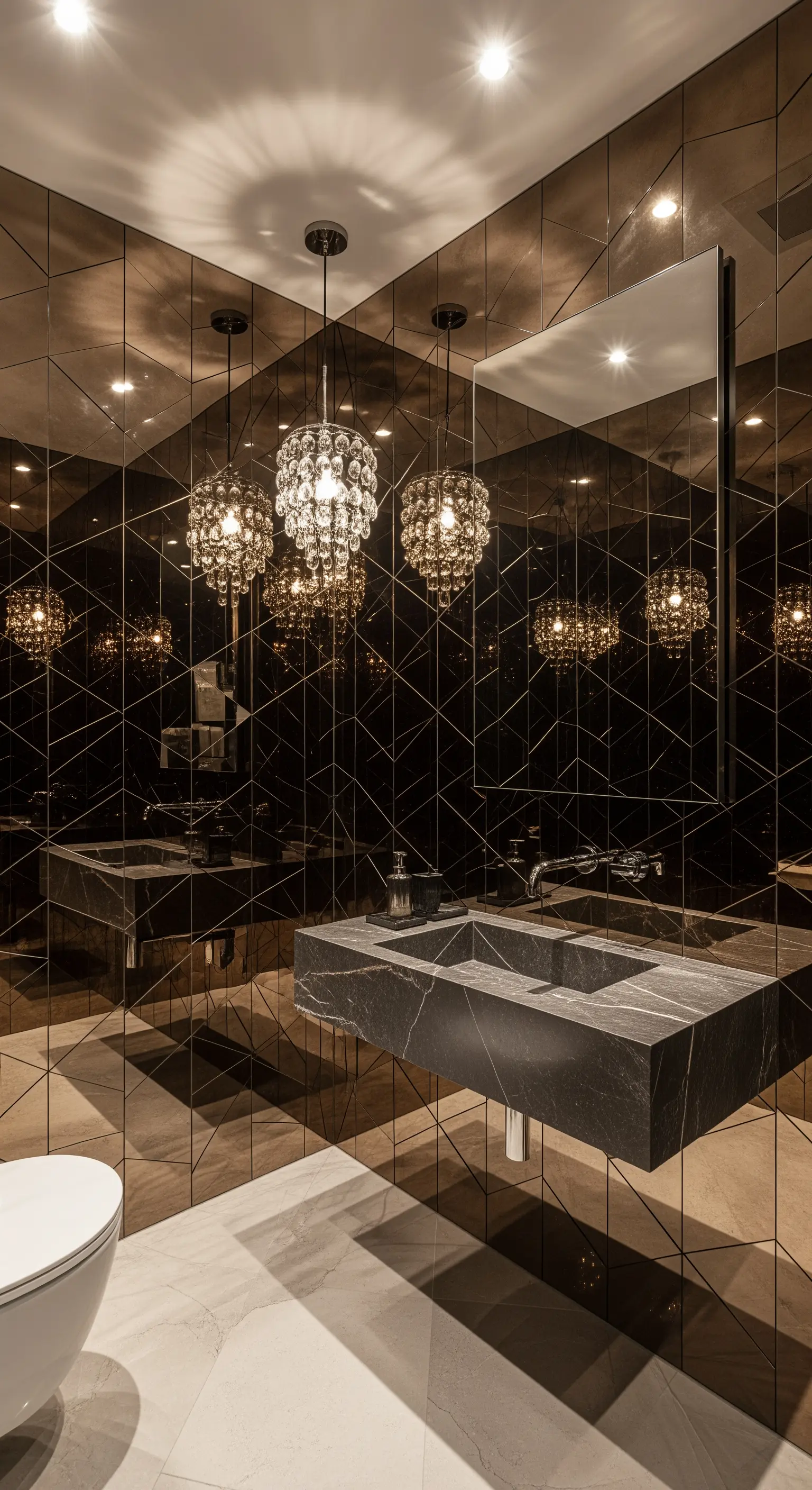 Gästebad mit bronzefarbener, geometrisch gemusterter Spiegelwand und Kristall-Pendelleuchten.