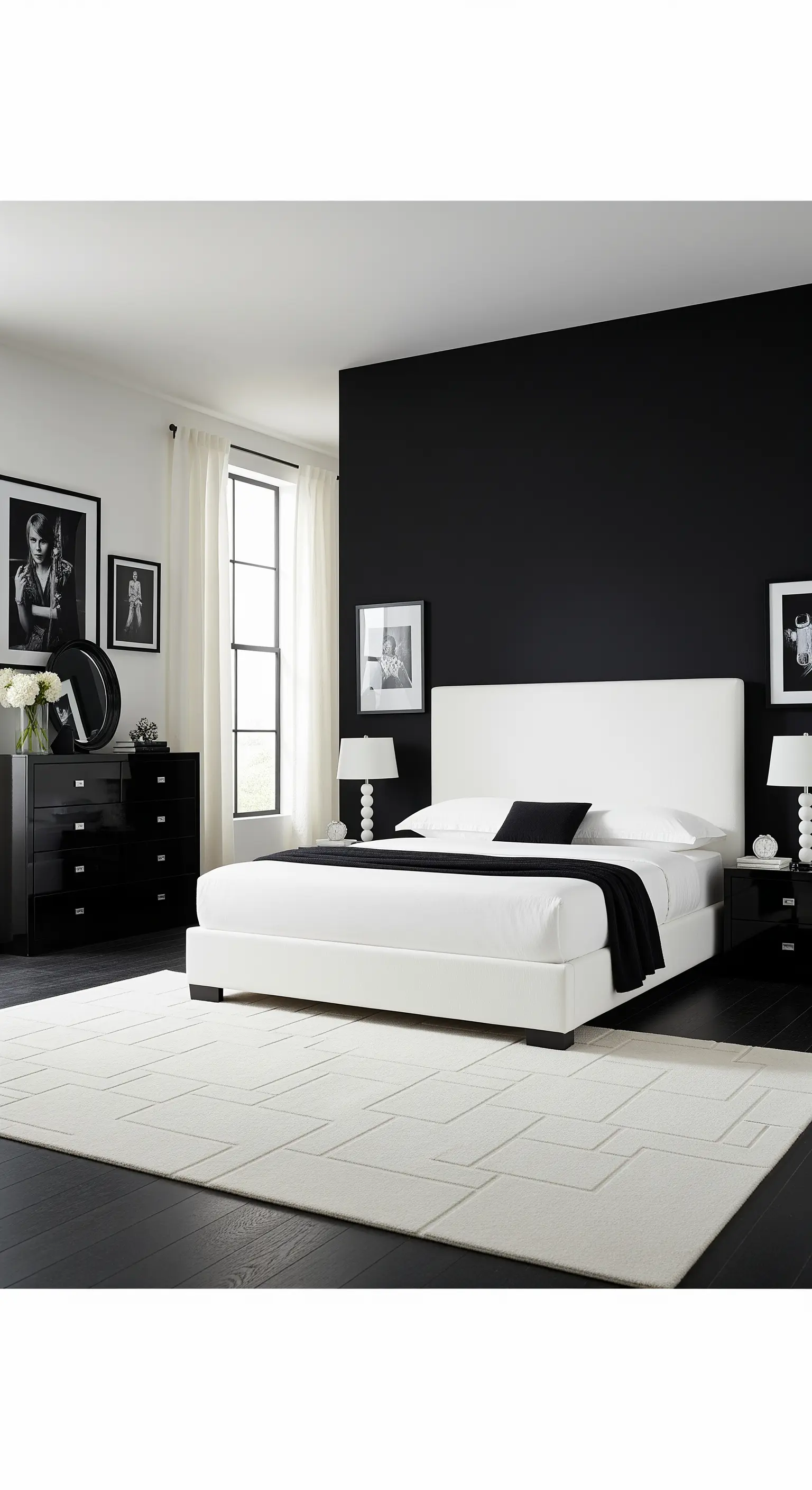 Weißes Polsterbett vor einer mattschwarzen Akzentwand in einem monochromen Raum