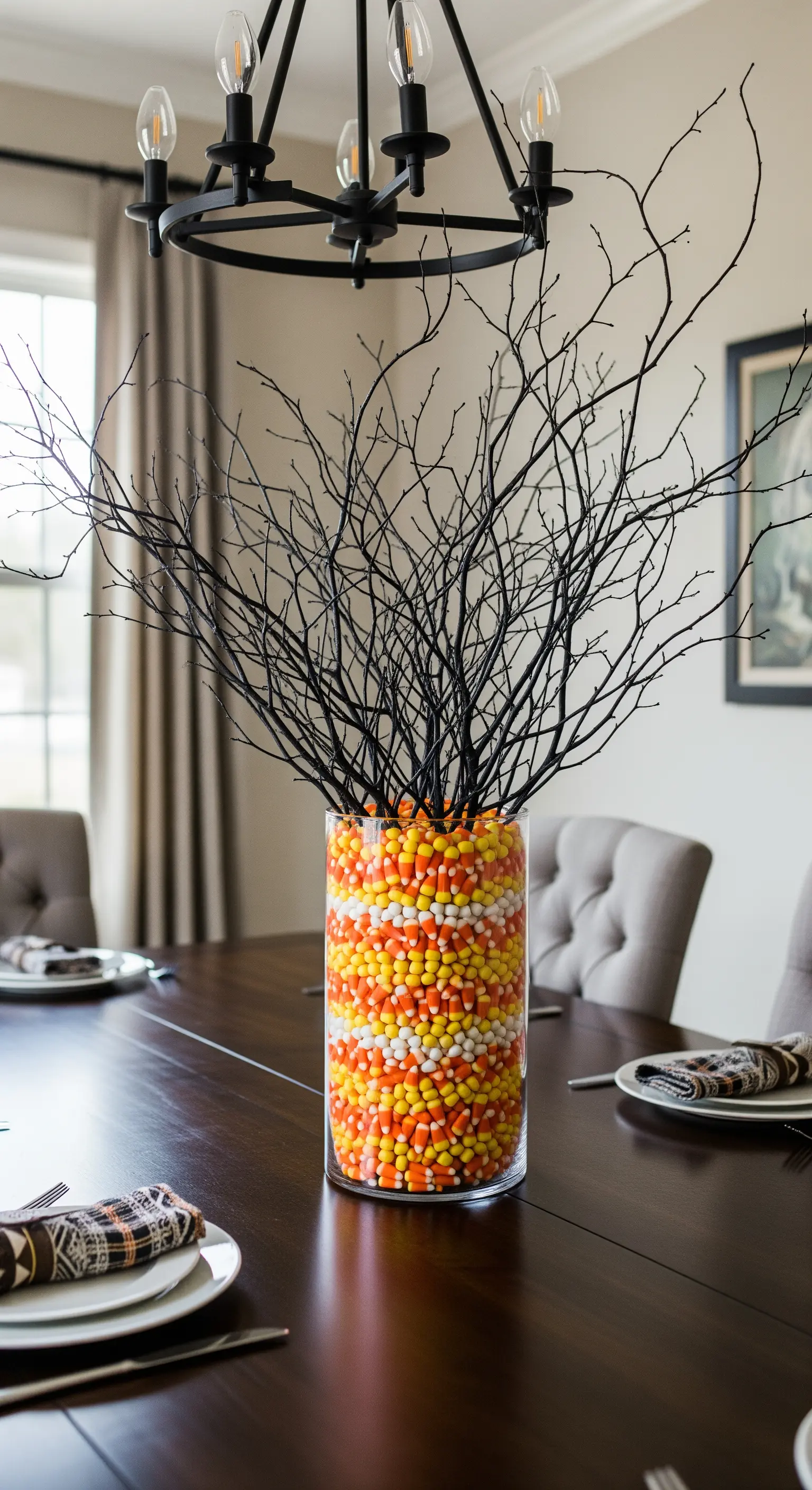 Große Glasvase gefüllt mit Candy Corn und schwarzen Ästen als Tischdeko.